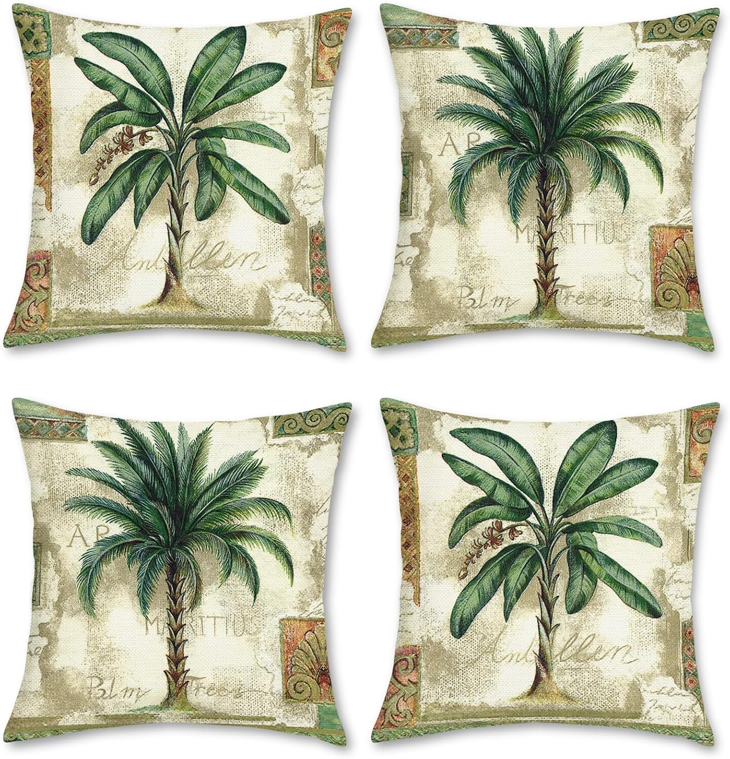 Tropical Palm Tree Throw Pillow Covers 18 x 18 Inch Vintage Green Leaf Decorative Pillow Cases Polyester Linen Cushion Covers for Couch Sofa Indoors Outdoors Decor Set of 4