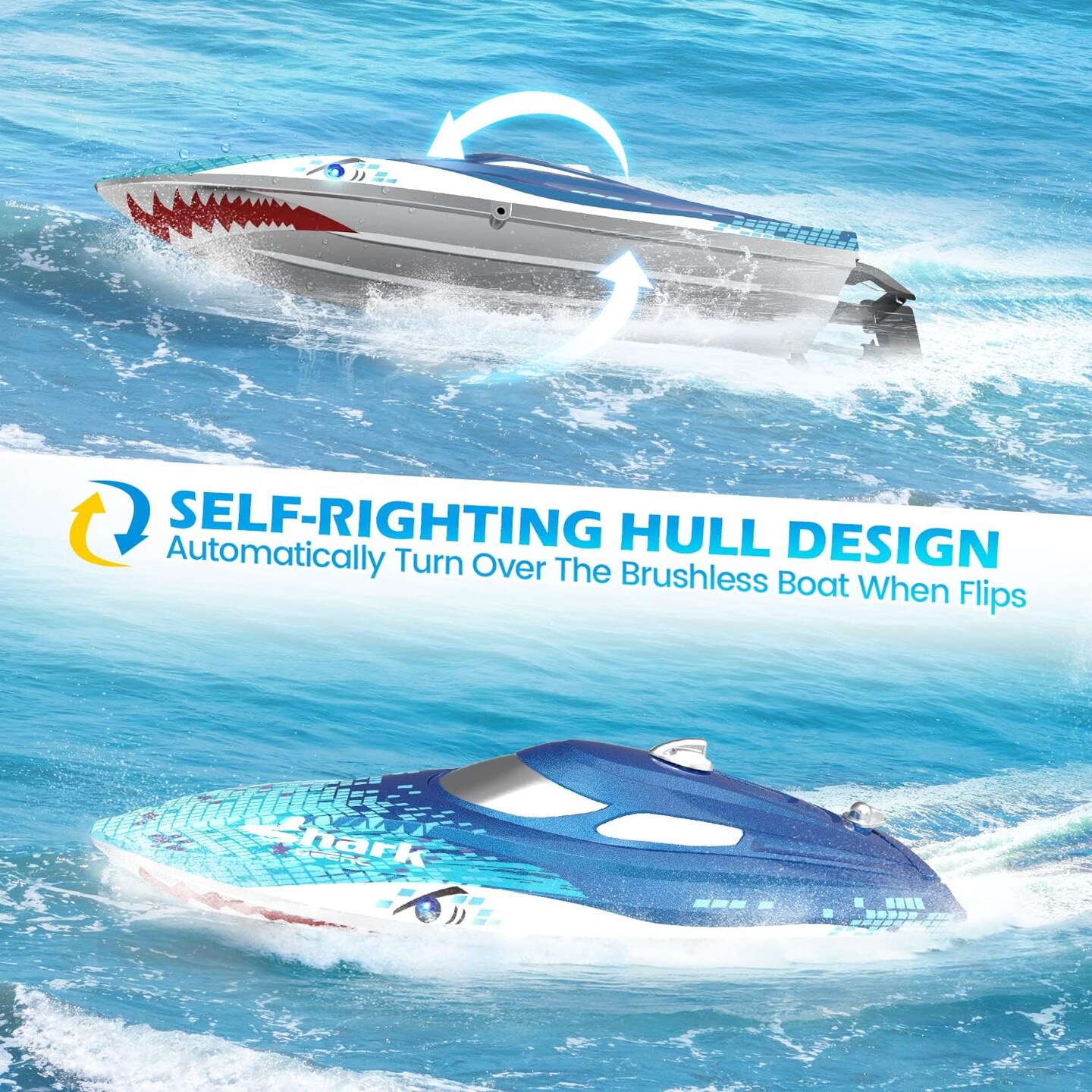 Summer Full Proportional Remote Control Boat with LED Lights, Shark Graffiti, 20+ MPH,2.4GHz High Speed RC Racing Boats for Lakes,Pool Toys for Kids &#x26; Adults
