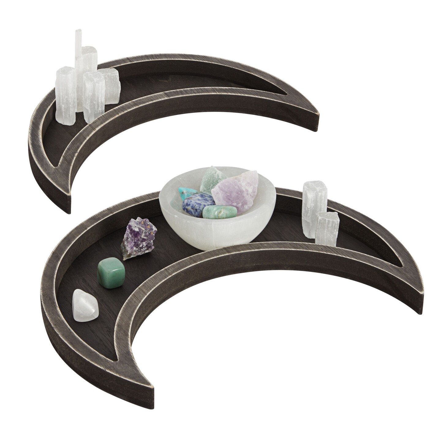 Farmlyn Creek 2-Piece Dark Brown Decorative Wooden Crescent Moon Tray - Rustic Home Décor Accents for Nursery & Shelf Decor - Crystals, Essential Oils, Gemstone Display & Perfume Tray