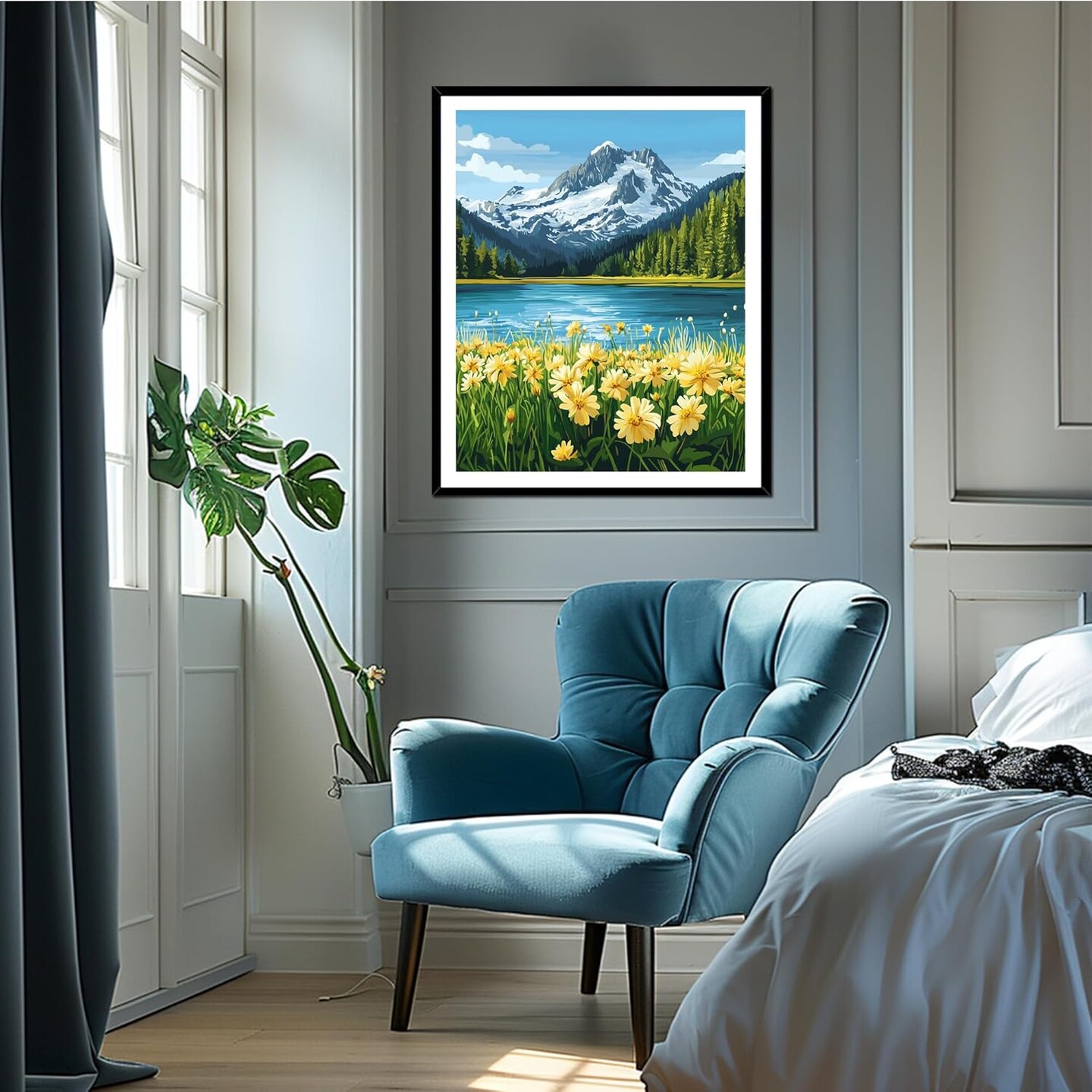 Daisy Flower Paint by Number Kits, North Cascades National Park Paint by Numbers for Adults, Mountains and Lake Acrylic Painting for Home Wall Decor