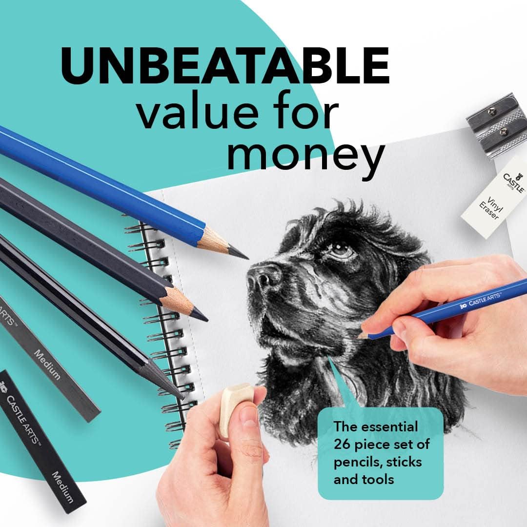 26 Piece Drawing and Sketching Art Set: Perfect for Beginners, Kids or Any Aspiring Artist - Includes Graphite Pencils and Sticks, Charcoal Pencils, Erasers and Sharpeners, Adult