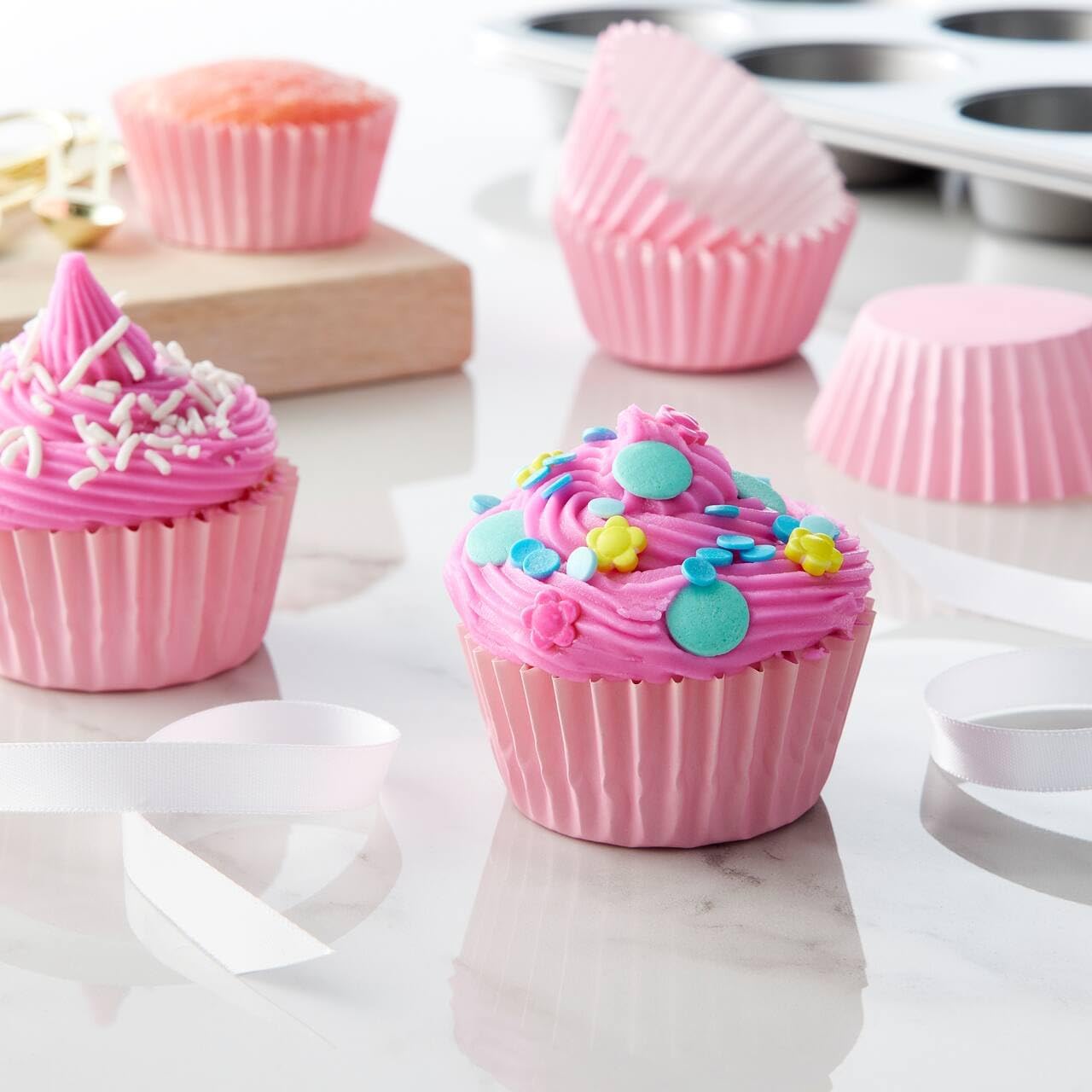 Grease-Resistant Standard Pink Cupcake Liners 150 Counts - Heavy Duty Paper Muffin Baking Cups, Odorless, No Muffin Pan Needed, Easily Peels (Pink)