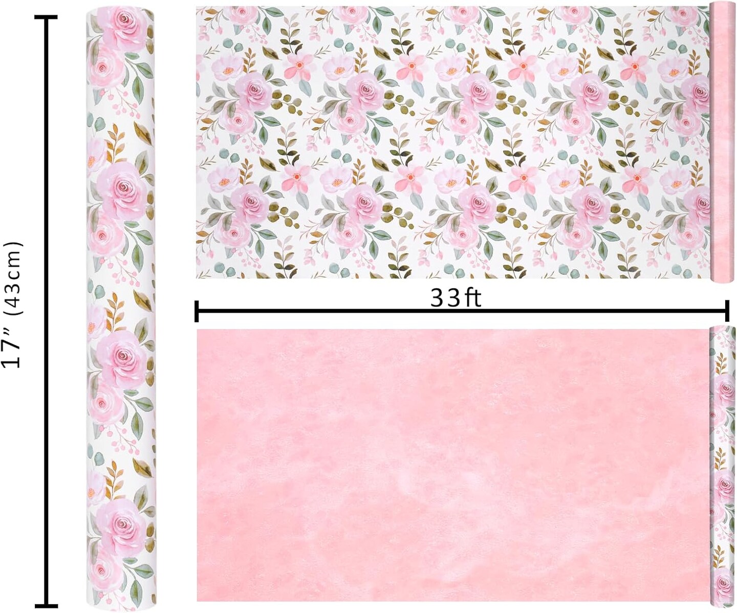Reversible Floral Wrapping Paper Roll - 17 Inches X 33 Feet (47 sq. ft. ttl.)