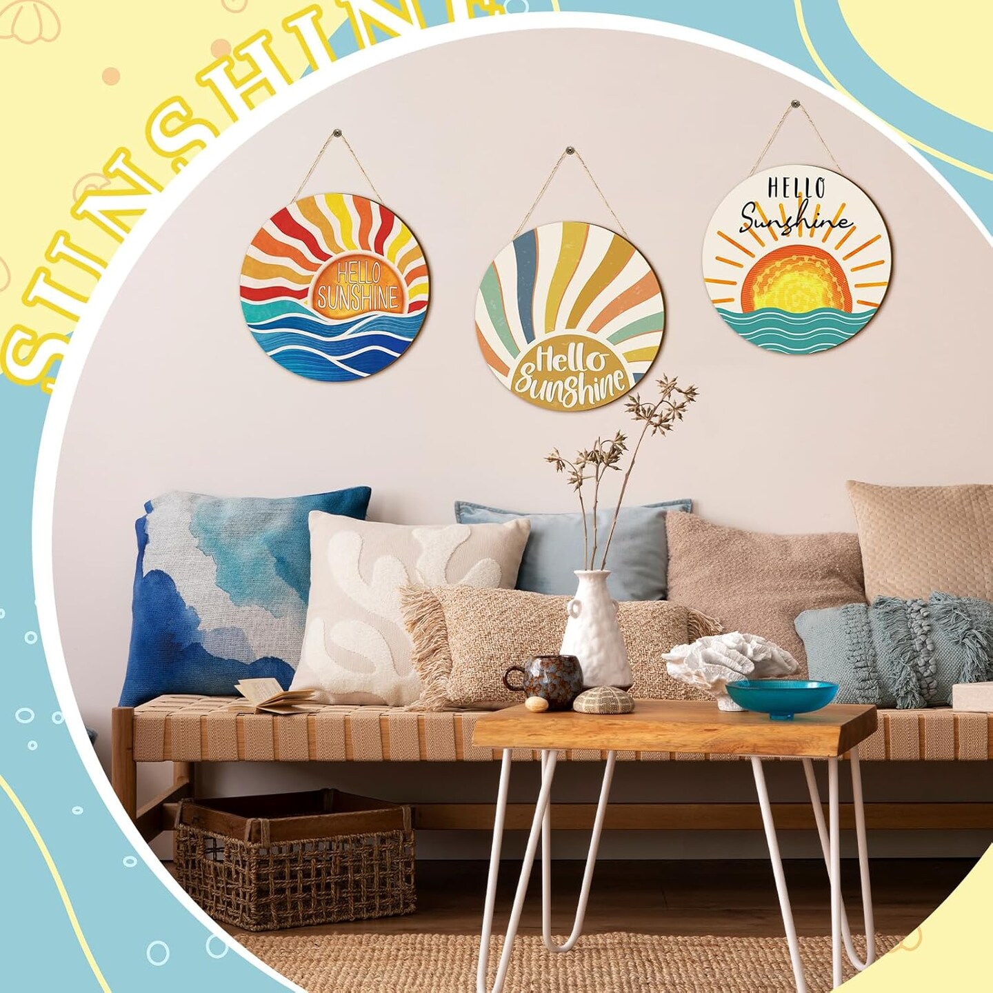 3 Pcs 12 Inch Summer Decor Hello Sunshine Front Door Decor Hello Sunshine Wreath Rustic Wooden Sign Hanger for Outdoor Outside Porch Round Hanging Sign for Summer