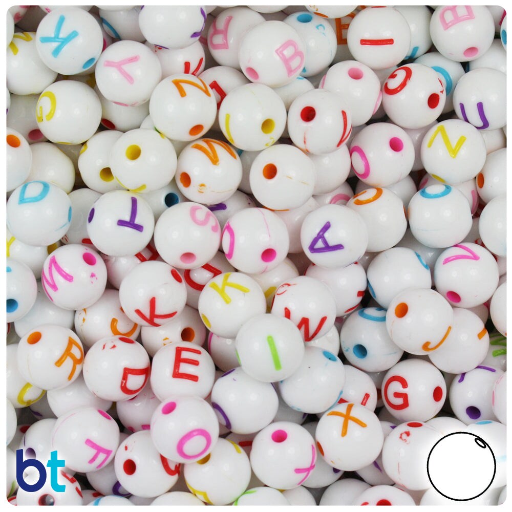 BeadTin White Opaque 8mm Round Plastic Alpha Beads - Colored Letter Mix (200pcs)