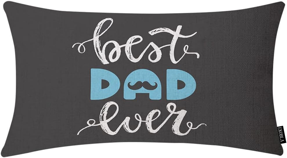 Happy Father&#x27;s Day Lumbar Pillow Cases Best Dad Ever Mustache Beard Calligraphy Blue Black White Decorative Throw Pillow Cover Rectangle Cushion Covers Cotton Linen 12x20 Inch for Men Women