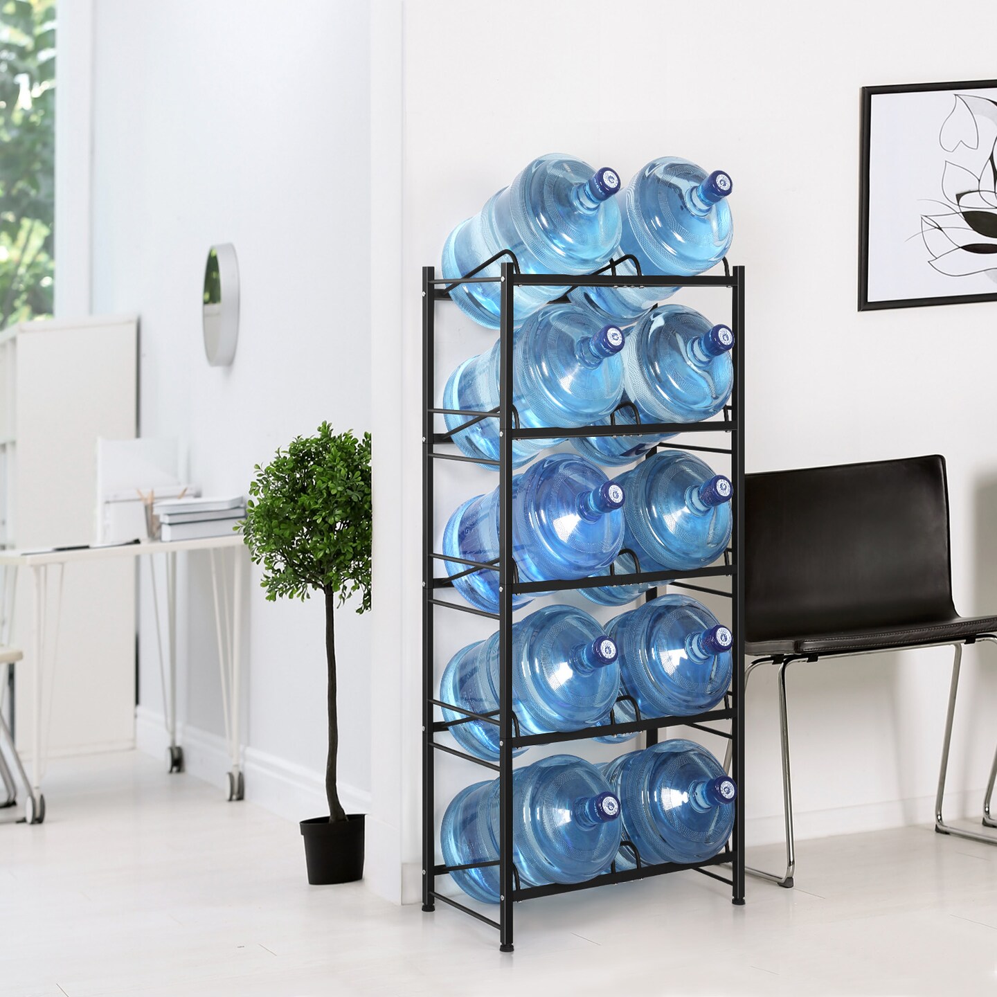 5-Tier Heavy Duty Water Cooler Jug Rack &#x2013; 10-Slot Metal Storage Shelf for 5-Gallon Bottles, Detachable Floor Protector for Home/Office/Kitchen, Black