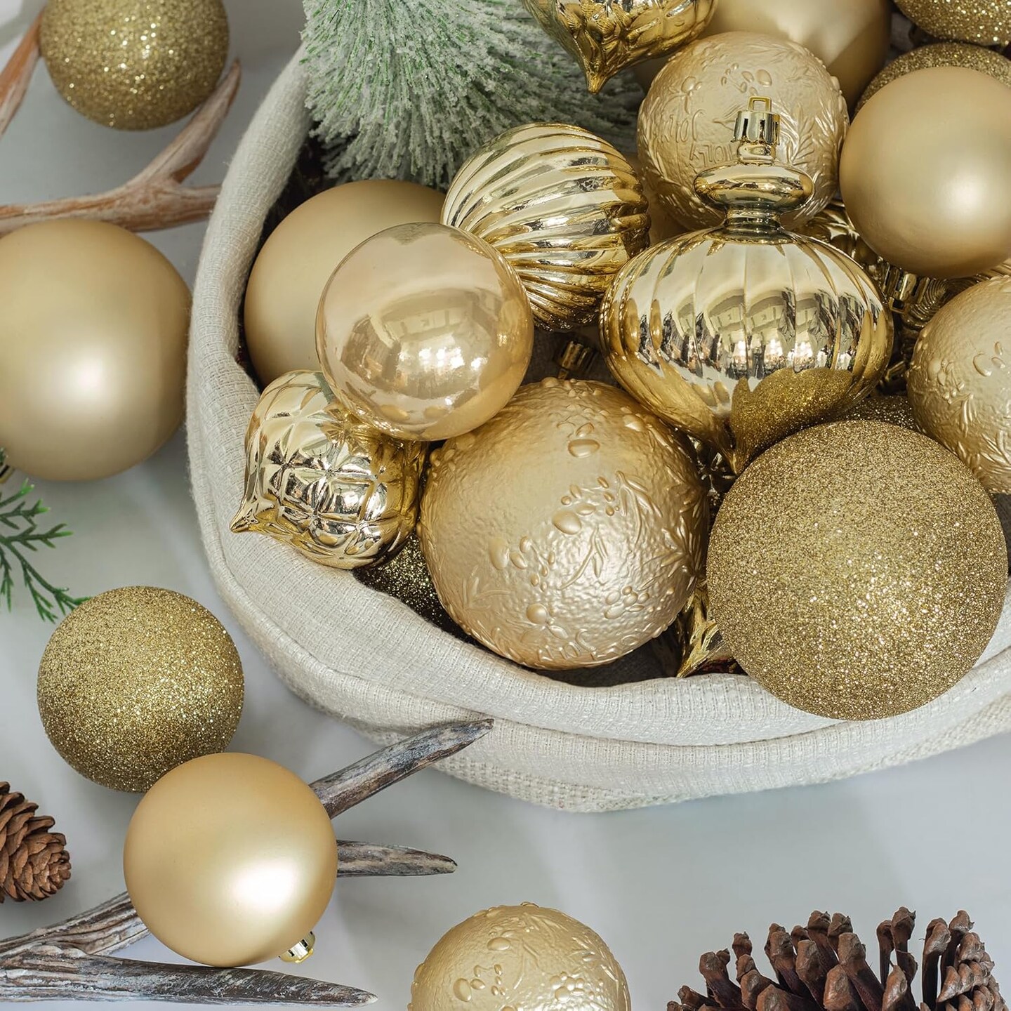 Gold Christmas Balls 34pcs 2.36-Inch Christmas Tree Decoration Ornaments for Xmas Tree Holiday Wreath Garland Decor Ornaments Hooks Included