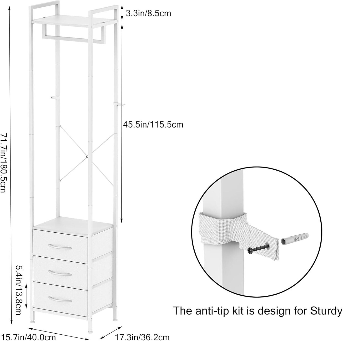 White Heavy Duty Garment Rack with 3 Drawers | Space-Saving Clothing Organizer for Small Spaces | Modern Industrial Wardrobe with X-Brace Stability