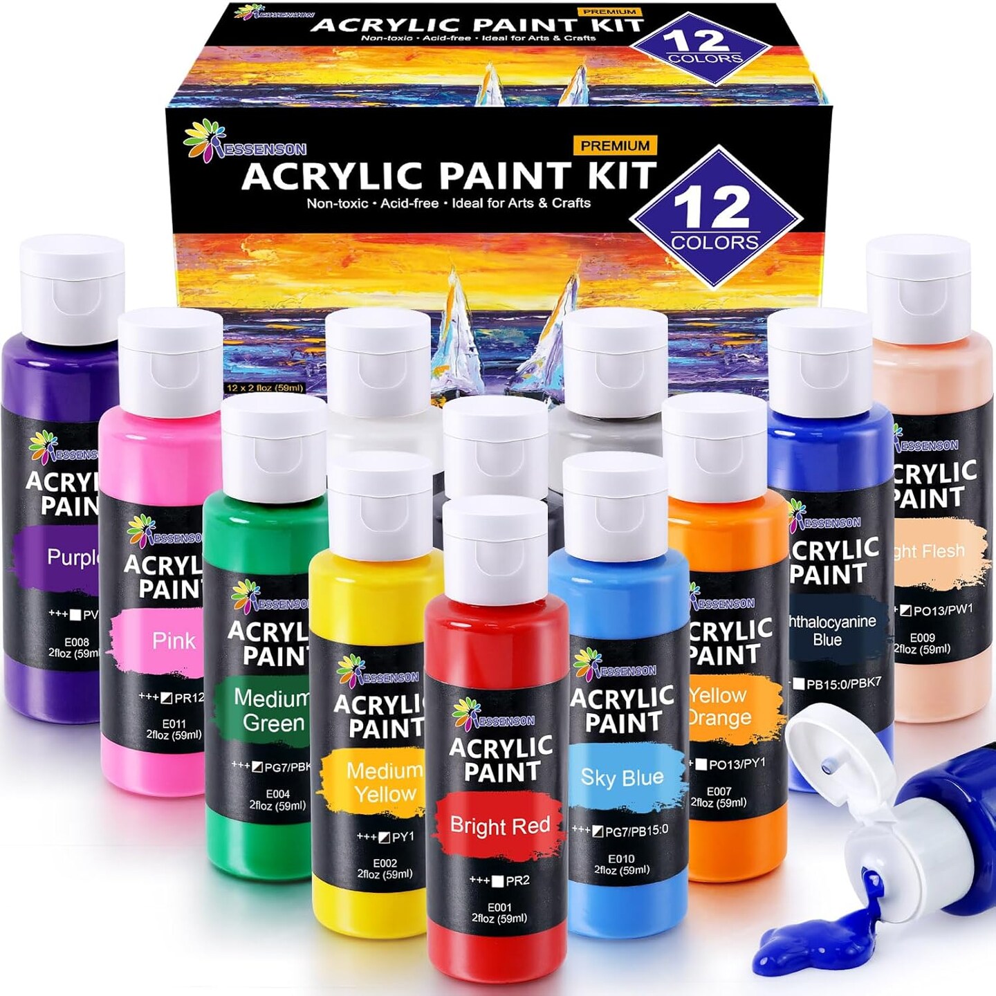 Acrylic Paint, 12 Colors Acrylic Paint Set, 2oz/59ml Bottles, Premium Acrylic Paints for Artists, Kids, Beginners and Adults on Canvas Rocks Wood Ceramic Fabric