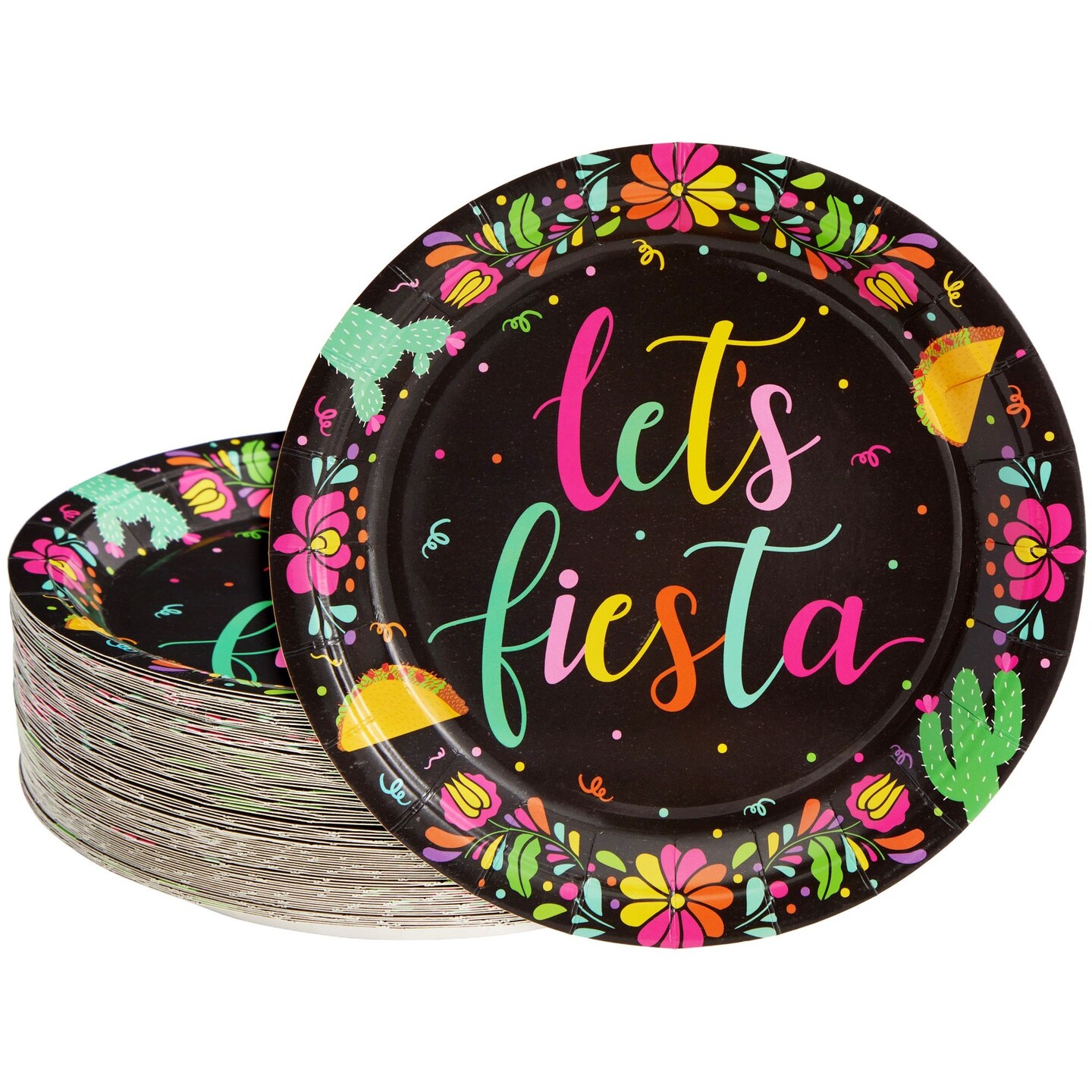 80 Pack Let&#x27;s Fiesta Paper Plates for Cinco de Mayo Party Decorations, Black (9 In)