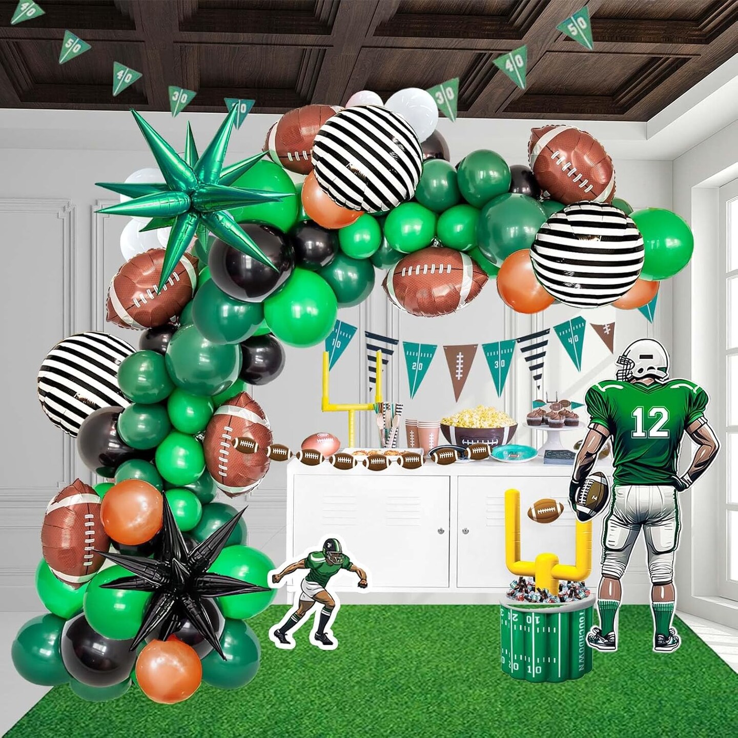 Football Balloon garland arch kit Dark green Brown black balloon large mylar starburst for sport theme super bowl touch down birthday decorations