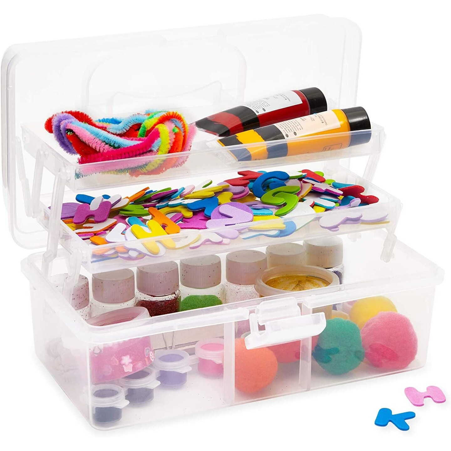 Art and Craft Supply Case, Clear Storage Art Tool Box, Organizer with 2 Trays (9 x 5 x 4.25 in)
