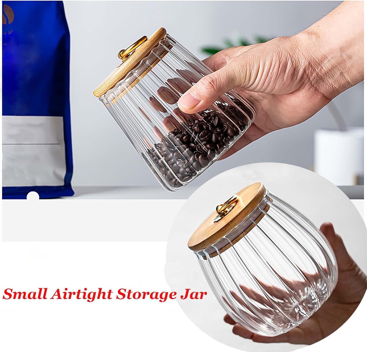 Small Glass Coffee Nuts Canister Airtight Storage Jar Petal Decorative Container with Bamboo Lid Metal Handle Easy to Grasp 700ml, 23 FL OZ (Set of 2)