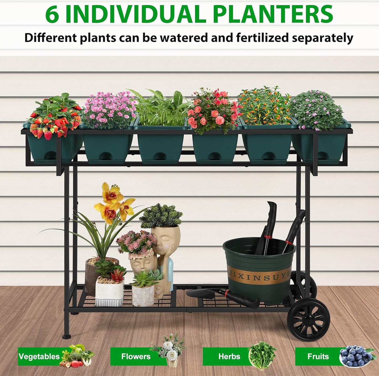 Raised Garden Bed with Wheels &#x26; Storage Shelf - 43x17x29in/109x43x74cm Elevated Planter Box, 6 Individual Planters for Vegetables, Herbs, Flowers (Green, Outdoor/Indoor)