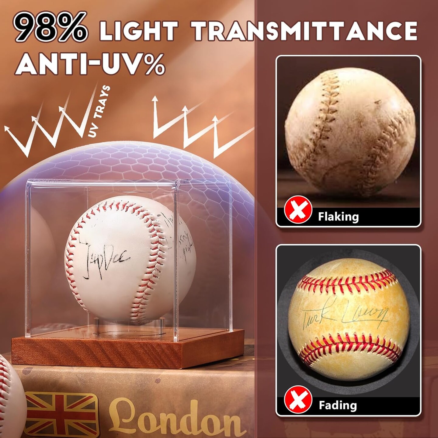 Baseball Display Case - Clear Cube Baseball Holder with Wooden Base, Autograph Stand Box for Single Ball, Acacia Wood, Brown, 1 Pack