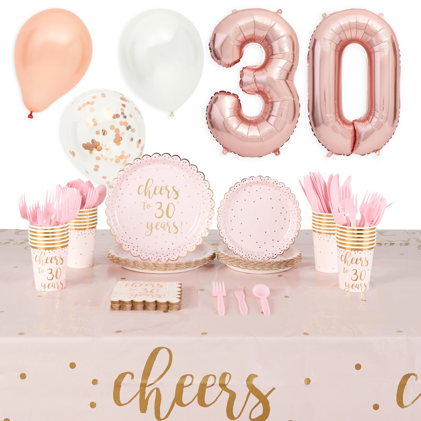 Cheers to 30 Years Birthday Decorations, Paper Plates, Napkins, Cups, Cutlery, Tablecloth, Balloons (Serves 24, 197 Pieces)