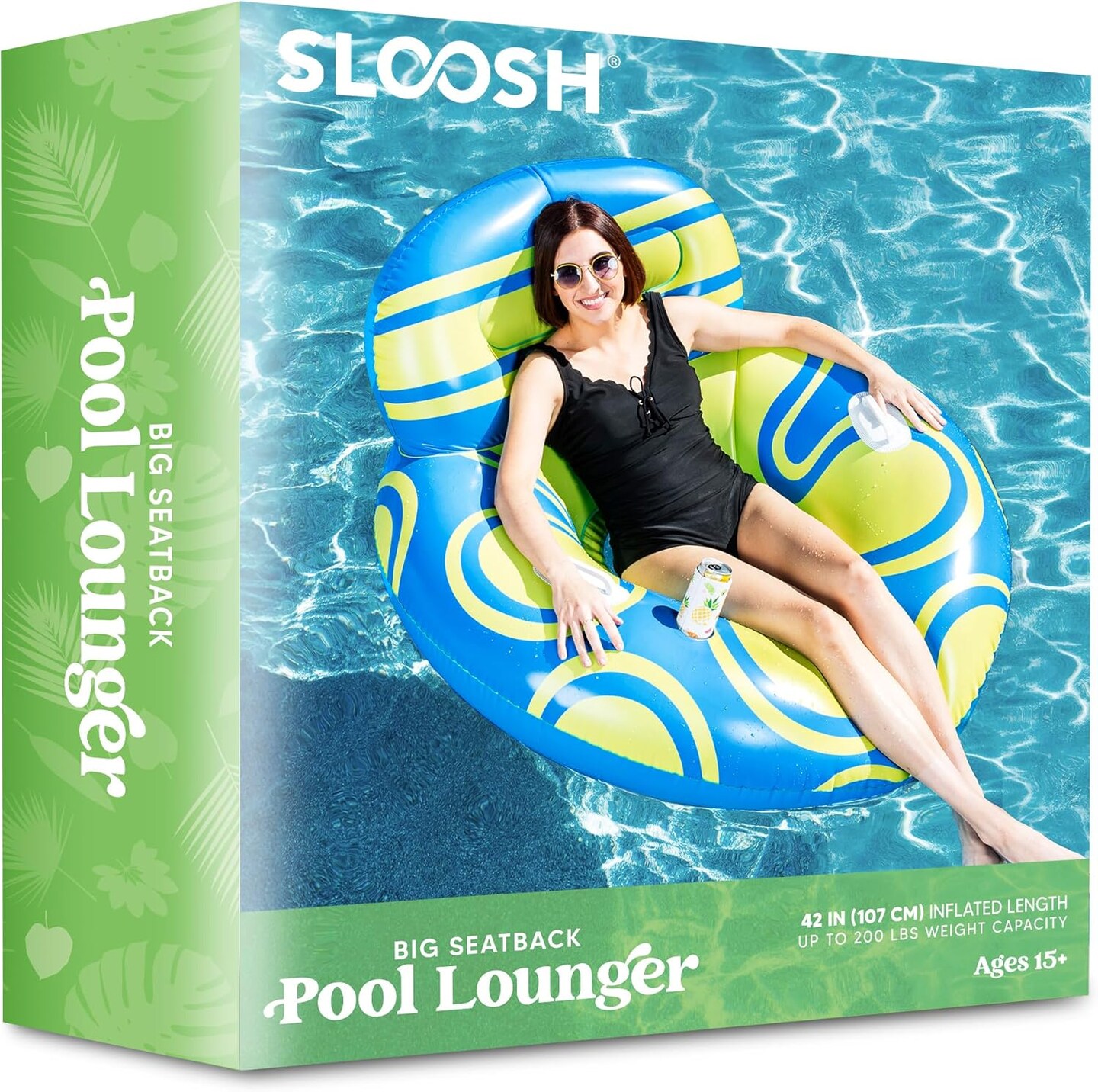 Inflatable Pool Float Lounger - River Tube Floating Chair Sofa with Big Backrest, Blow Up Floaties Lake Raft Lounge with Mesh Bottom Handle Cup Holder Pool Party Toys for Adults (Blue Yellow)