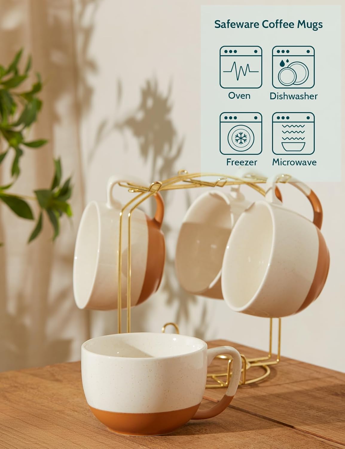 Beige Coffee Mugs Set of 4, 16 oz Ceramic Coffee Mug, Large Mug Set with Handle for Cold or Hot Drinks like Cocoa, Latte, Milk, Cereal, Durable Porcelain with Nordic Style