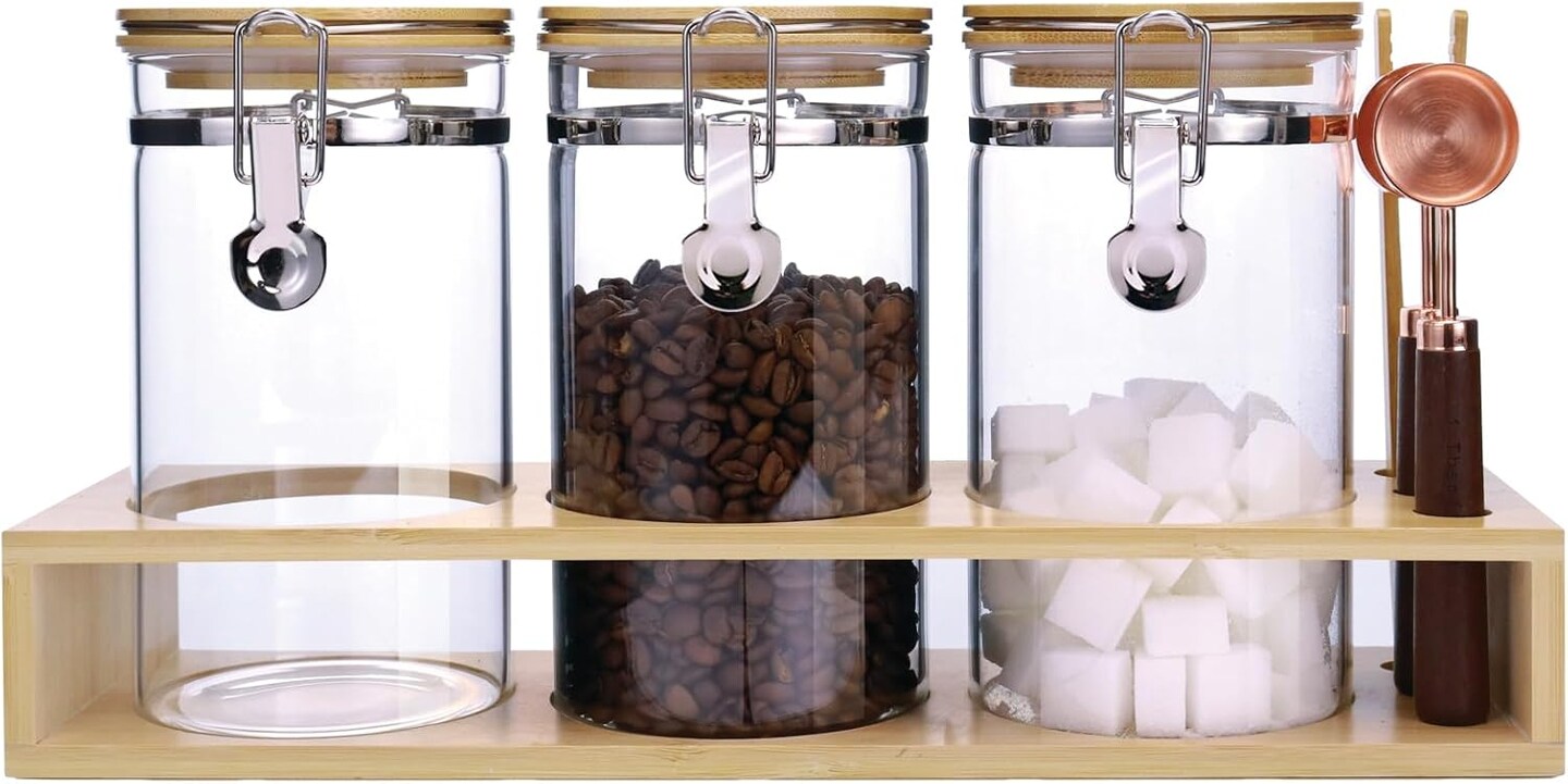 3-Pack Glass Coffee Storage Jars, 40oz with Bamboo Shelf & Airtight Lids