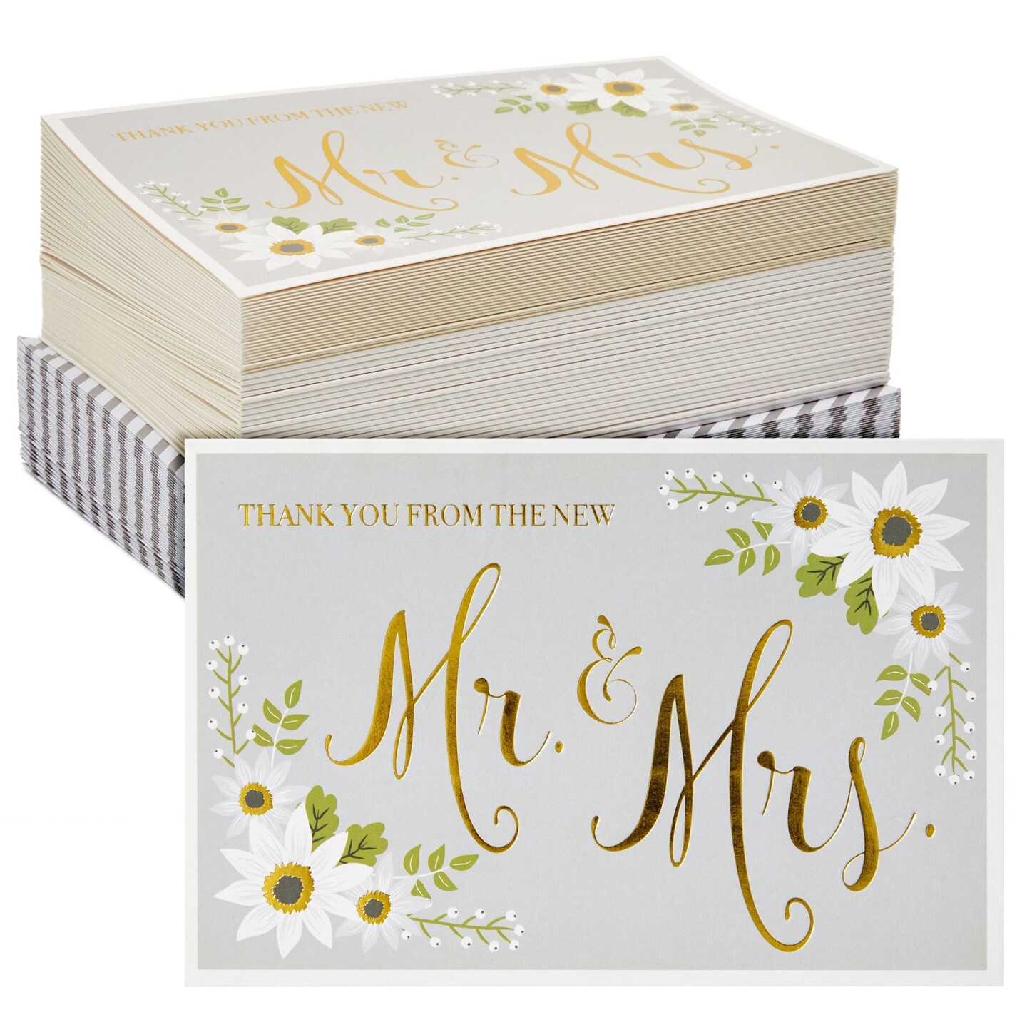 48 Pack Thank You From The New Mr and Mrs Cards for Wedding, Bulk Gold Foil Cards with Decorative Striped Envelopes, Blank on the Inside (4 x 6 In)
