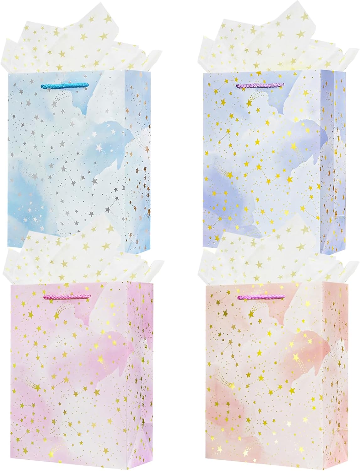 4-Pack 9" Small Star Gift Bags with Handles – Includes Tissue Paper for Birthdays, Parties, Weddings, and Baby Showers