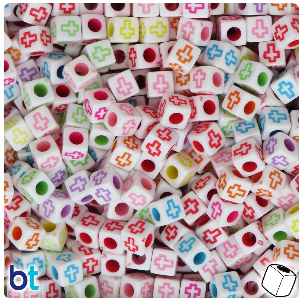 BeadTin White Opaque 6mm Cube Plastic Alpha Beads - Colored Crosses (200pcs)
