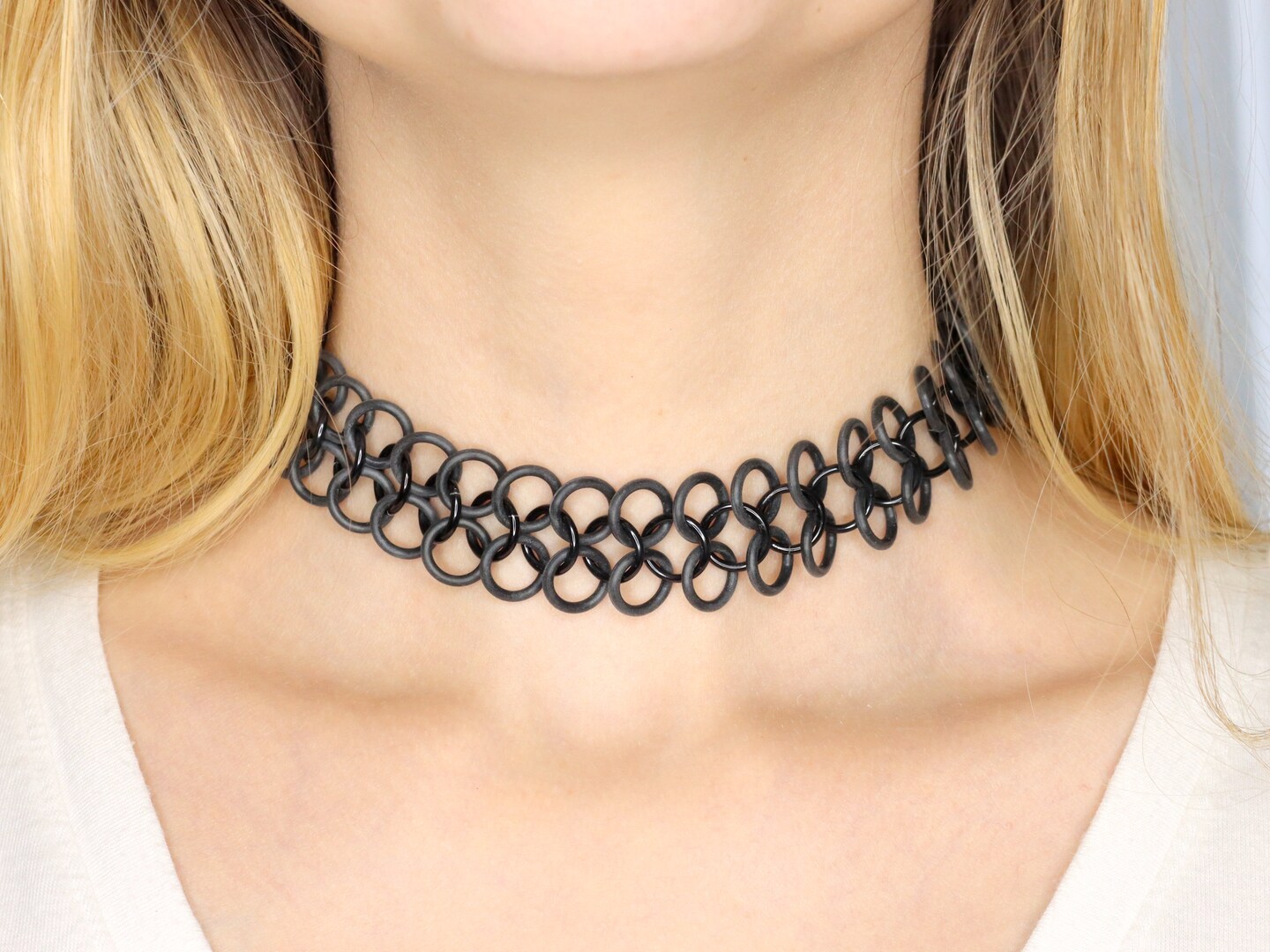 product name is Oversized Tattoo Choker | Stretchy Chainmail Necklace Handmade in Black Anodized Aluminum and Rubber