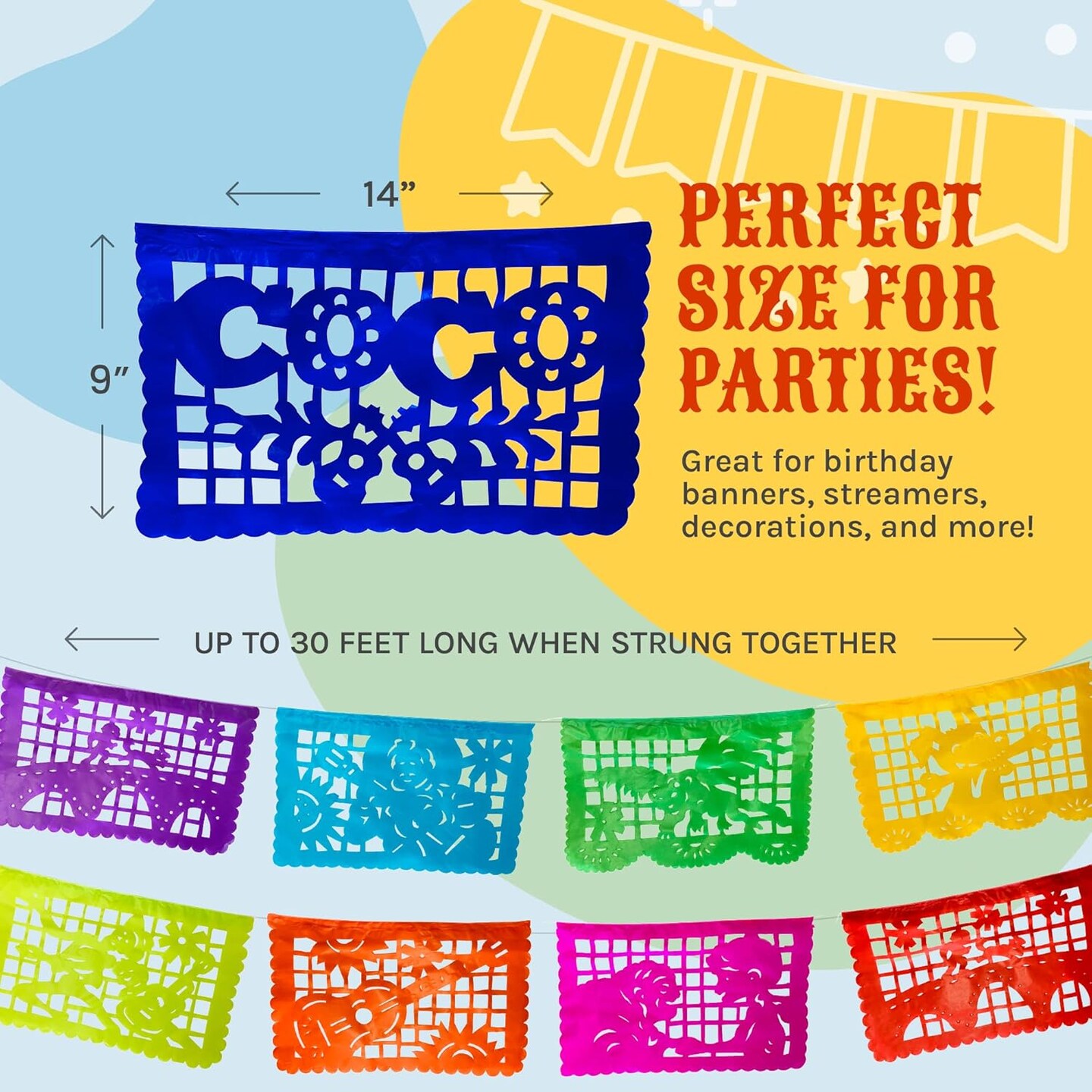 Cinco de Mayo Coco Party Banners – Mexican Papel Picado with Disney Coco Characters, 2x15-ft (30-ft Total)
