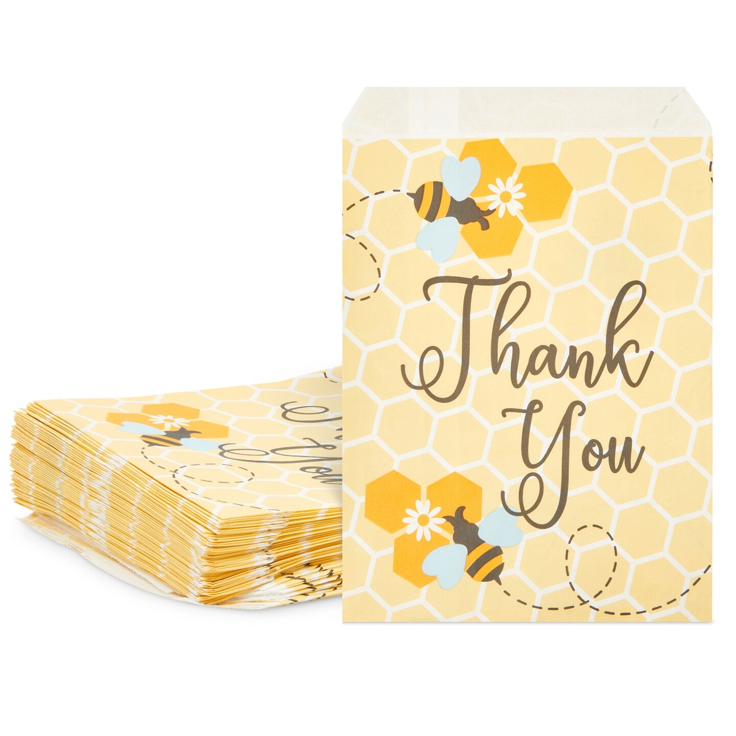 100 Pack Bumble Bee Paper Treat Bags for Baby Shower, Party Favor Bags for Goodie, Gifts, Decorations, 5x7 in