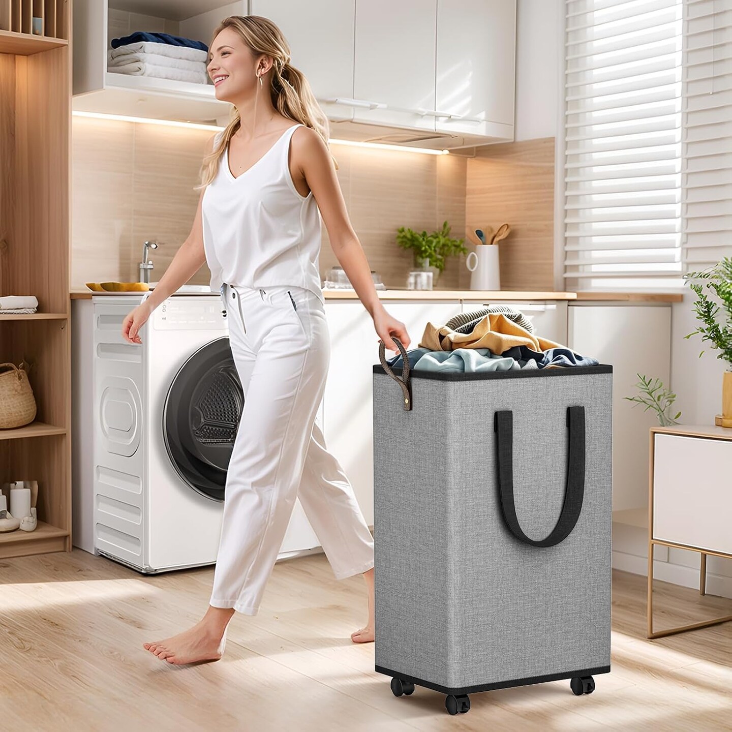 Laundry Basket with Wheels, Collapsible Laundry Baskets, Laundry Hamper with Handles Detachable Wheels, Rolling Laundry Basket, Dirty Clothes Hamper