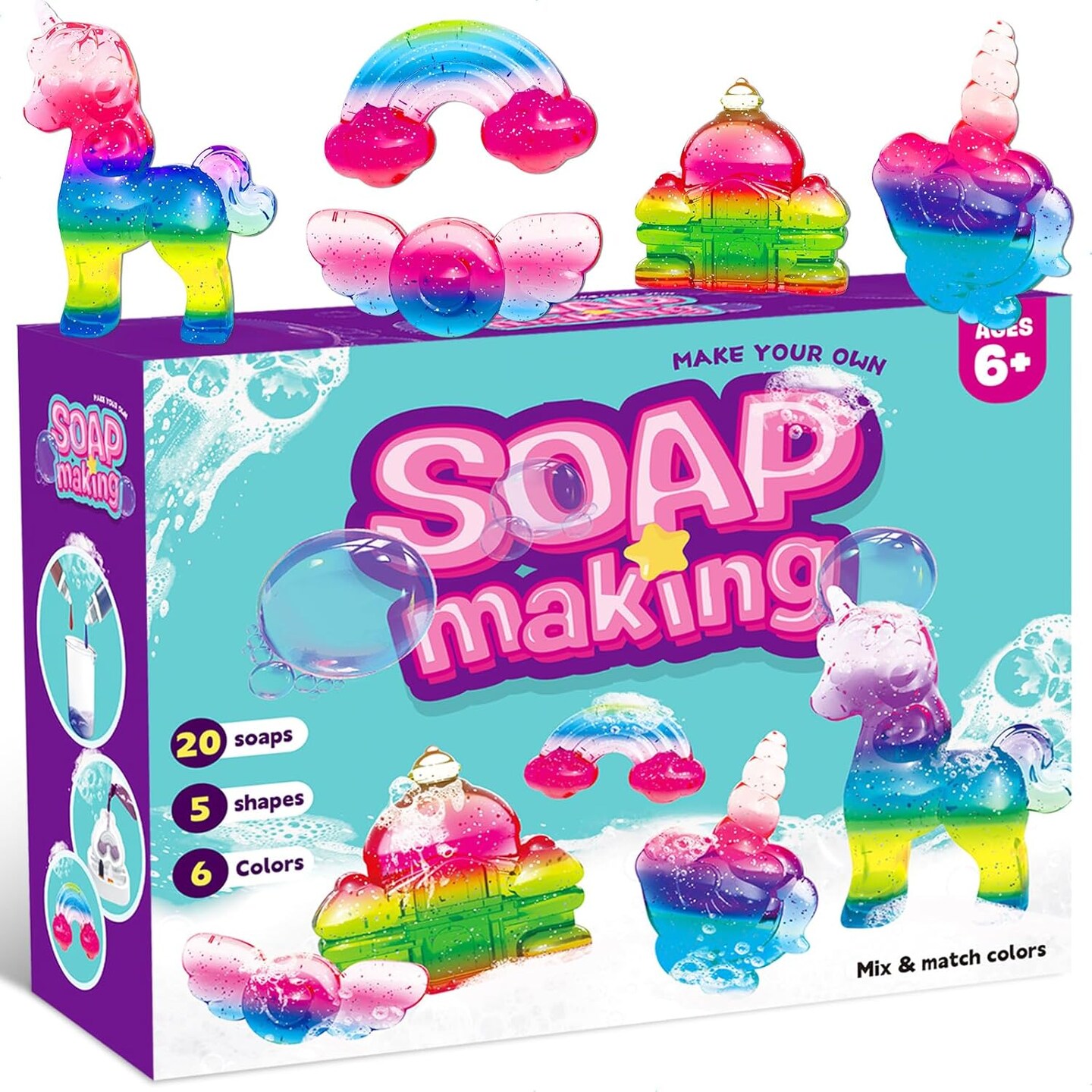 Unicorn Soap Making Kit - DIY Crafts for Kids Ages 6-12 Make Your Own Fun Soap with 20 Soap Bases, 6 Colors, 5 Molds &#x26; 3 Fragrances, Birthday Christmas Easter Gifts for Girls Ages 6 7 8 9 10 11 12+