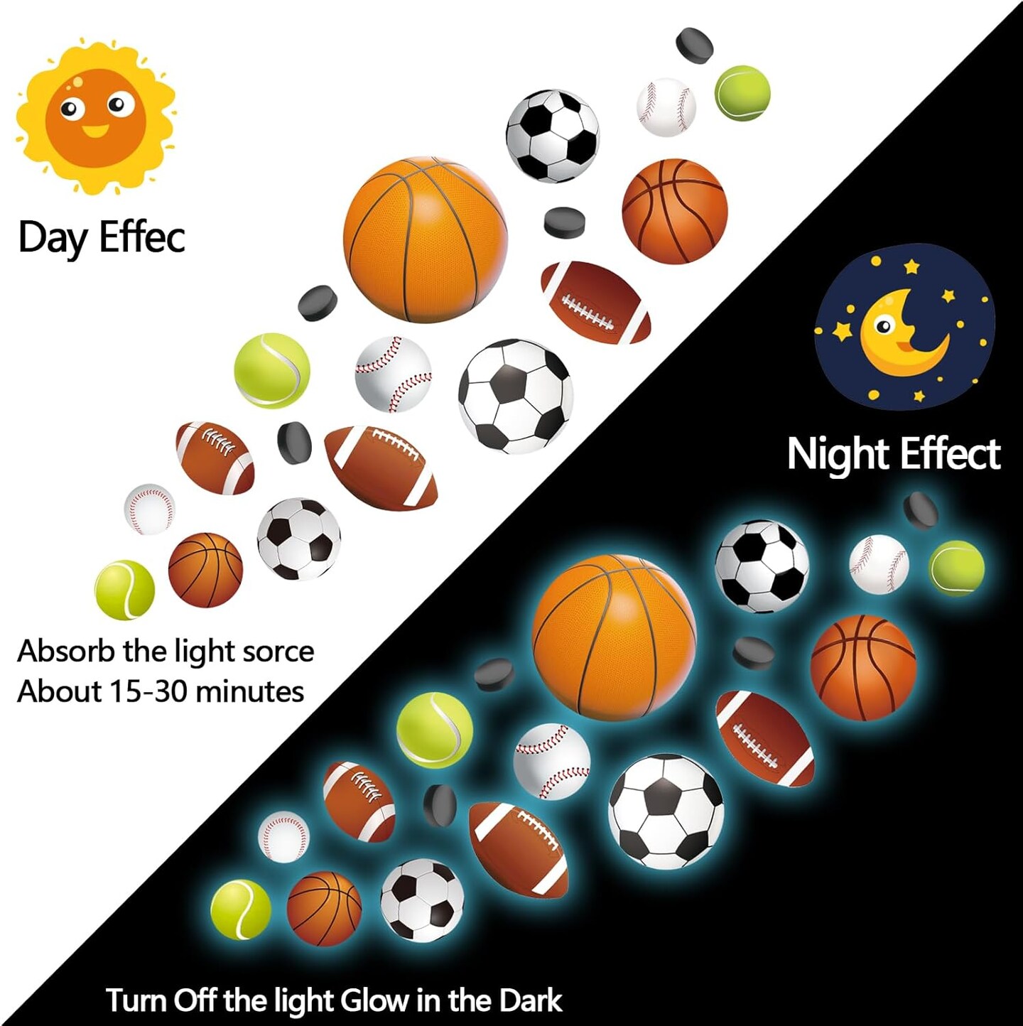 Glow in The Dark Basketball Football Sports Wall Decals,Glowing Luminous Boys Room Wall Stickers Removable self-Adhesive Baseball Decals for Kids Baby Boys Nursery Game Playroom Decoration