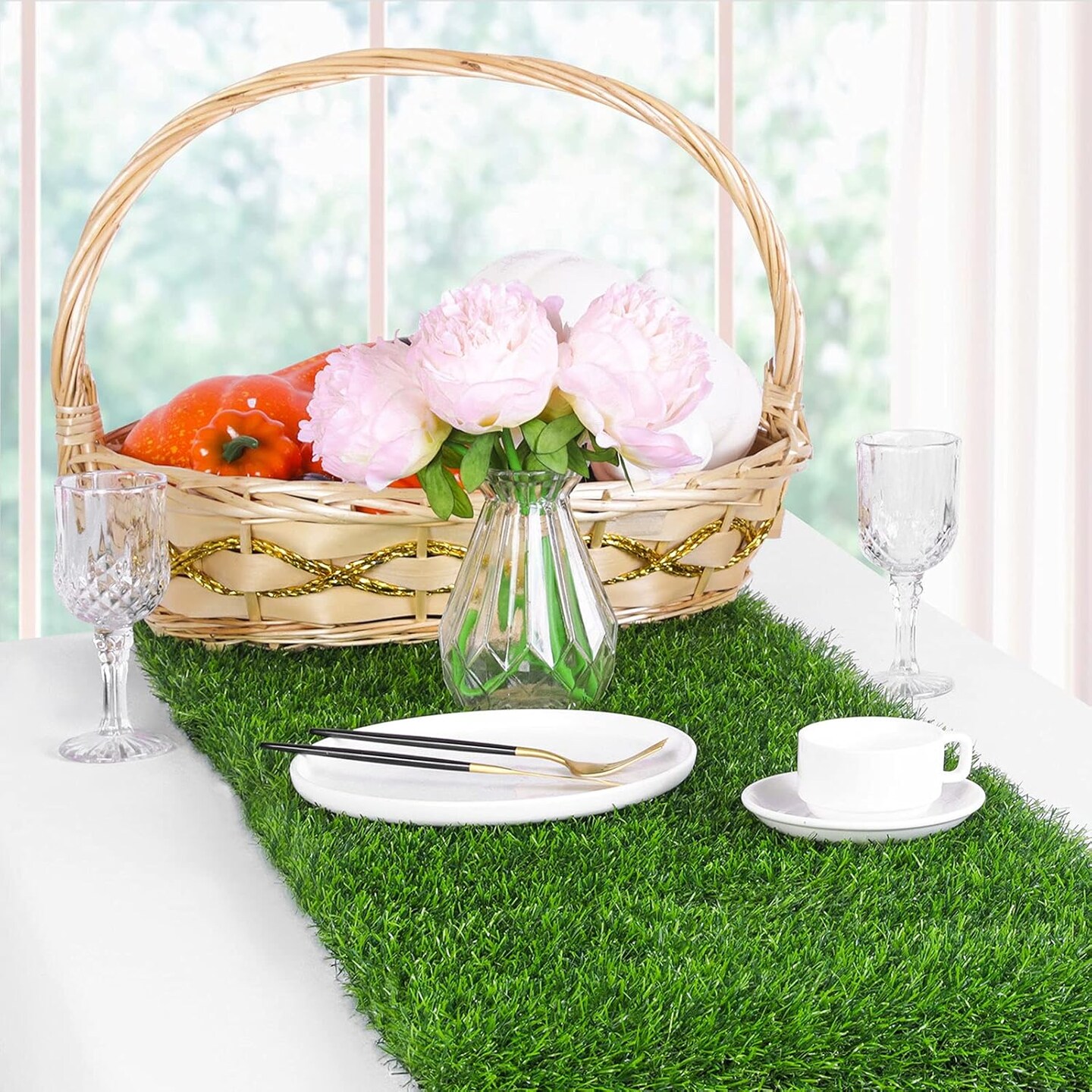 Artificial Grass Table Runners 12 x 108 Inch Synthetic Grass Table Runners Grass Rug Table Decorations for Spring Summer, Wedding, Baby Shower, Party Decor