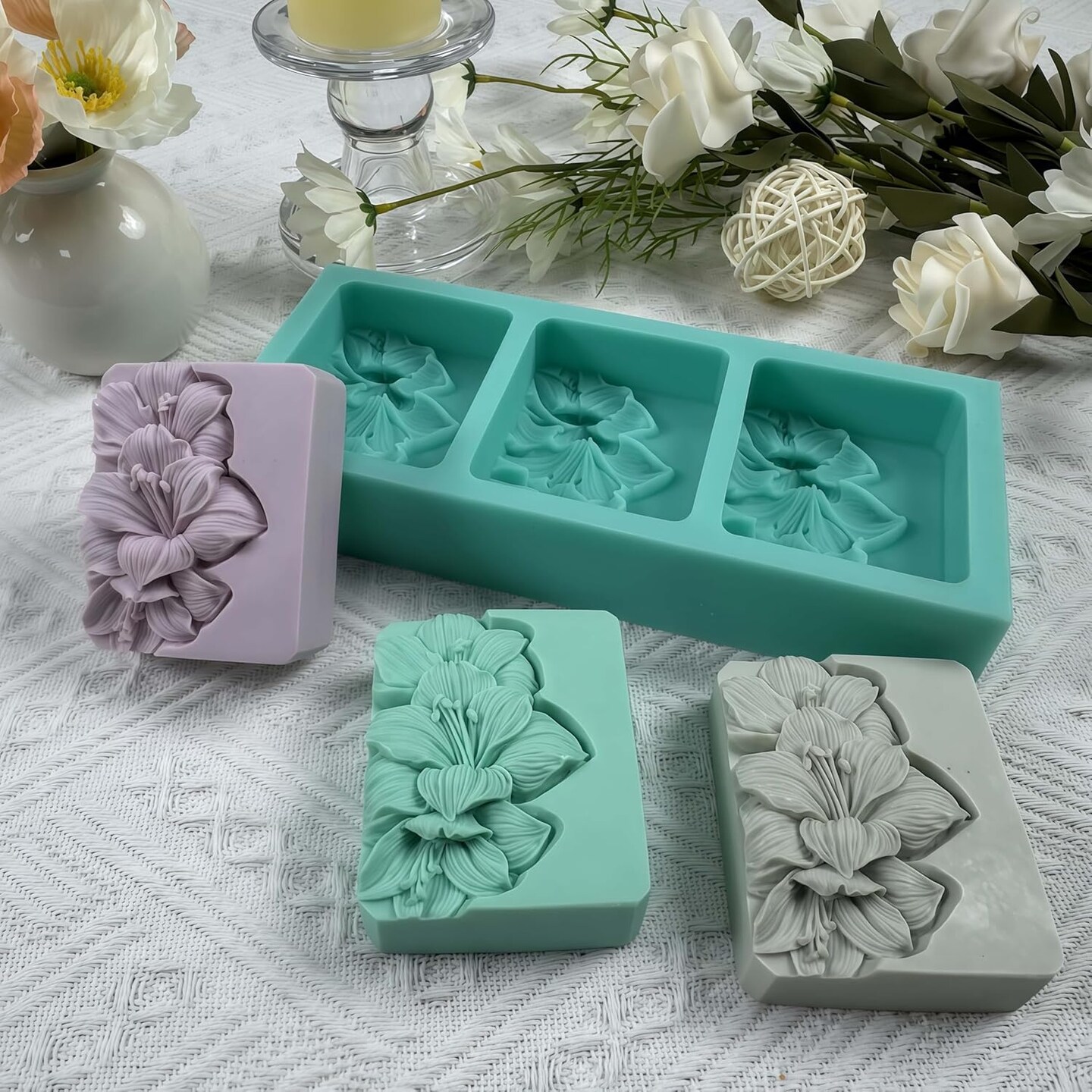 3 Holes Lily Flower Soap Mold Natural Soap Mould Handmade Silicone Molds for Soap Making DIY