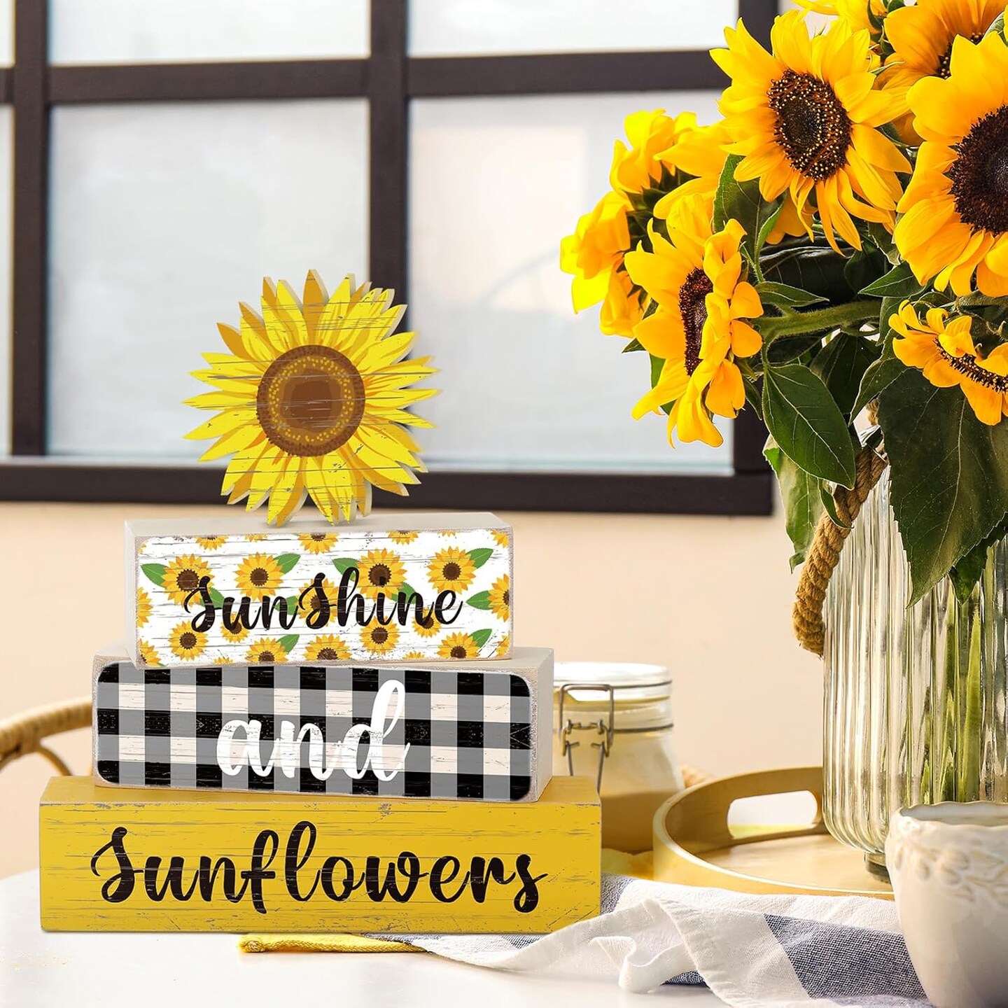 4PCS Sunflower Wooden Table Decor – Rustic Farmhouse Tiered Tray & Centerpieces