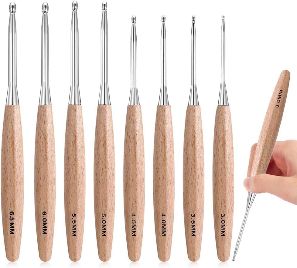 Beech Wood Crochet Hooks 3.0mm~6.5mm, Ergonomic Crochet Hooks Set with Roll Felt Case
