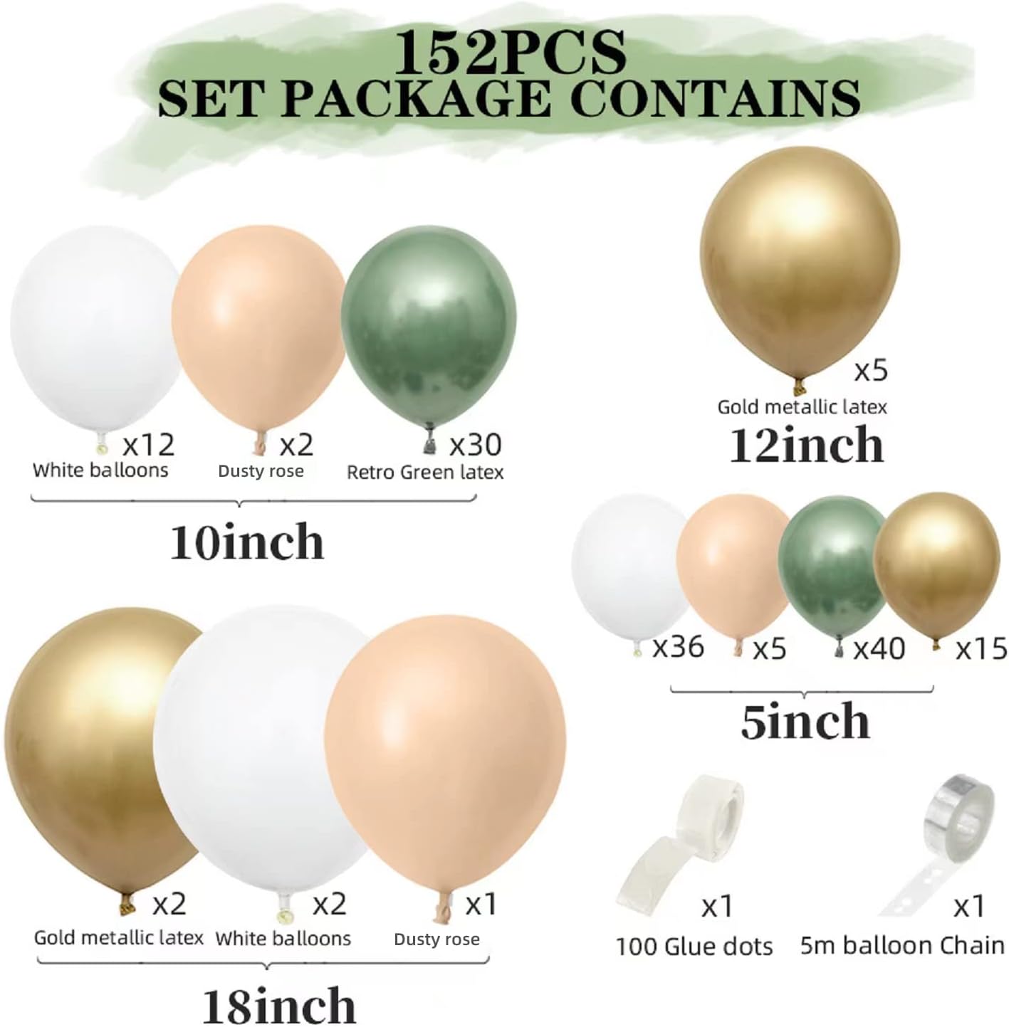 152PCS Sage Green Balloon Garland Arch Kit Green and Gold Balloon Garland Kit Retro Green and White Latex Balloons Set for Wedding Birthday Party Baby Shower Decoration
