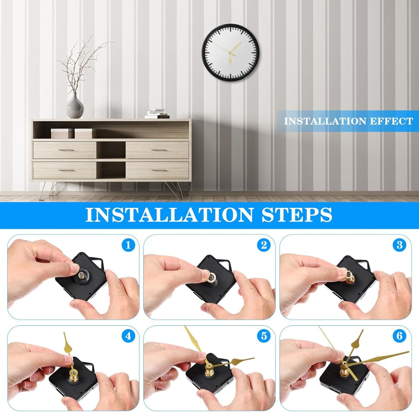 DIY Clock Repair Kit – Gold Needle Quartz Movement (29 mm Shaft) with 6 Hands, 7.09×2.48×1.93 Inches