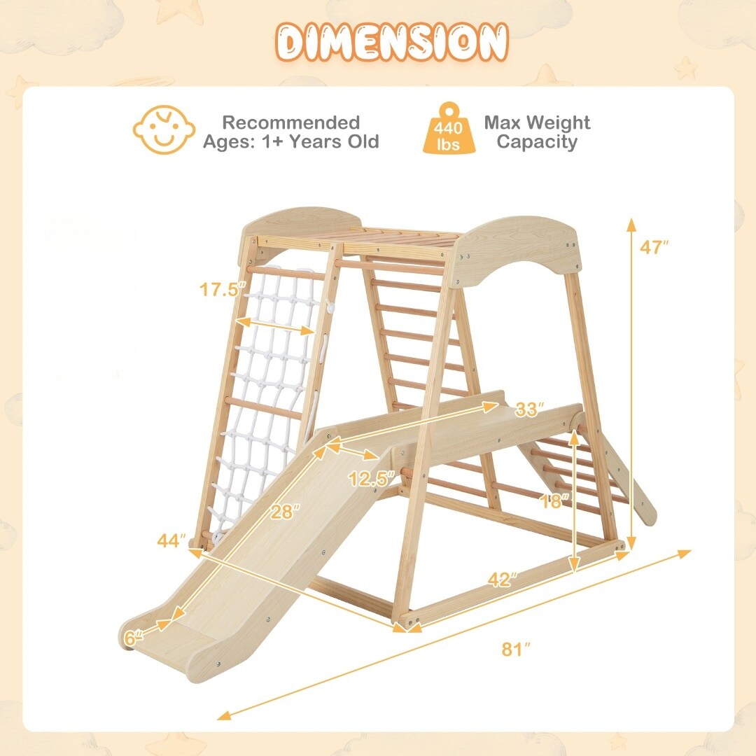 Pine and Beech Wood 6-in-1 Indoor Jungle Gym with Slide, Monkey Bars and Climbing Ladders
