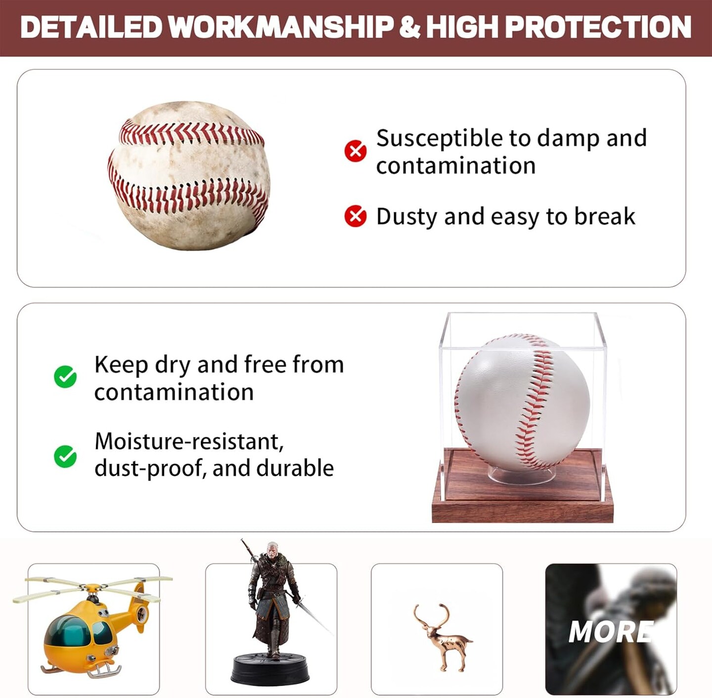 Baseball Display Case, No Assembly Required Clear Cube Tennis Ball Holder with Solid Wooden Base, Autograph Baseball Stand Box for Single Ball (1 Pack)