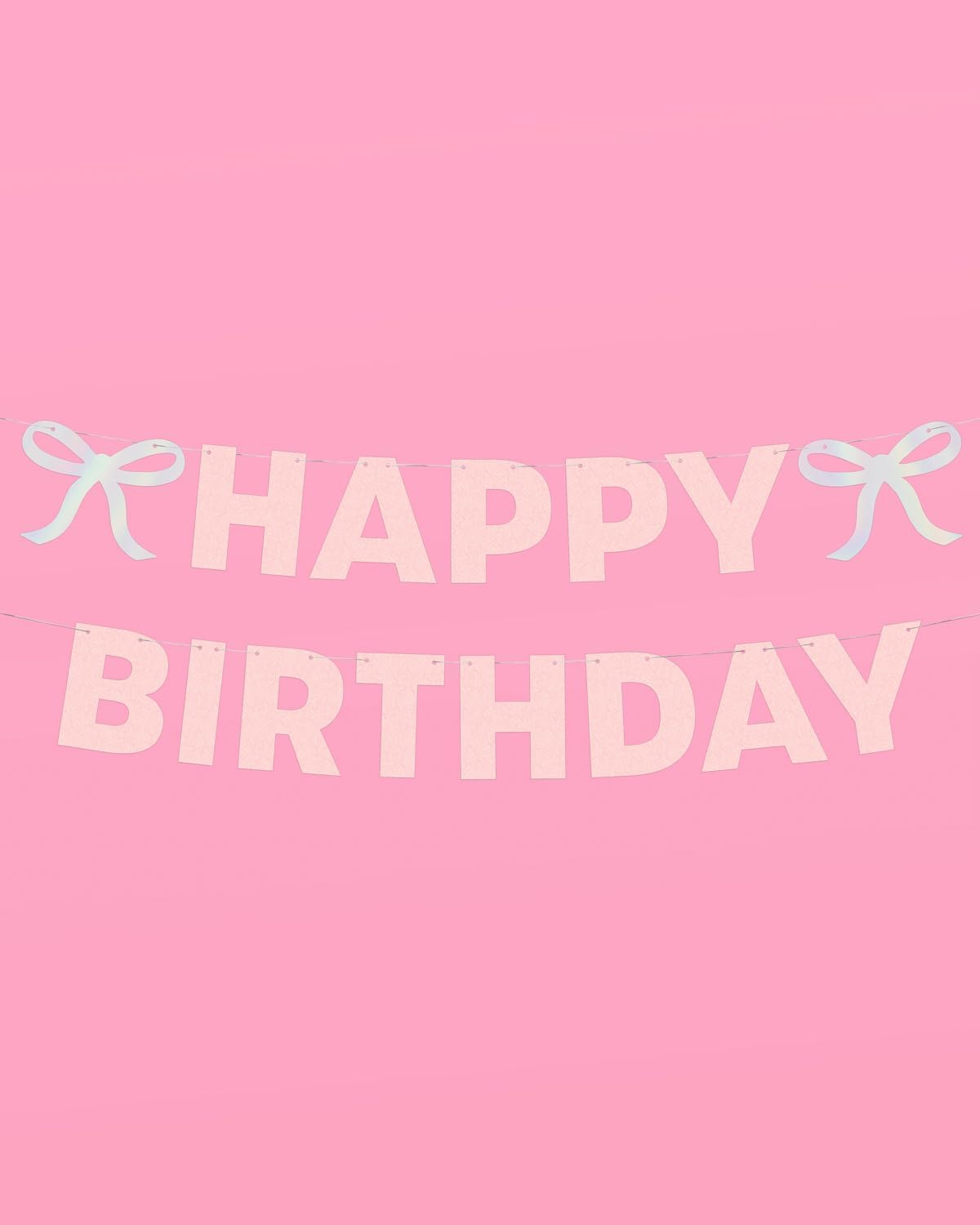 Happy Birthday Bow Banner Iridescent Foil + Pink Glitter, 5 Ft. | Birthday Party Decoration, Coquette HBD Decor, 21st Bday Supplies, Photobooth Backdrop