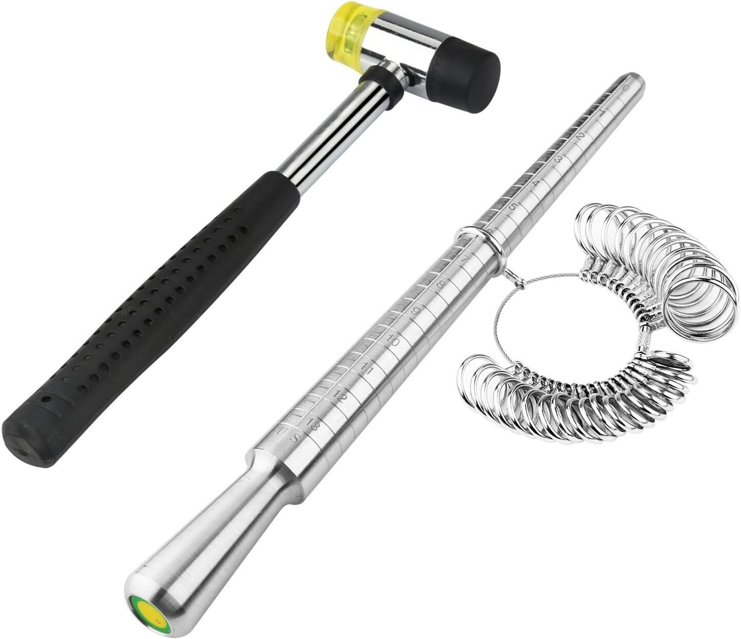 Metal Ring Mandrel Kit with Rubber Mallet, Finger Gauge, US Sizes 0–13