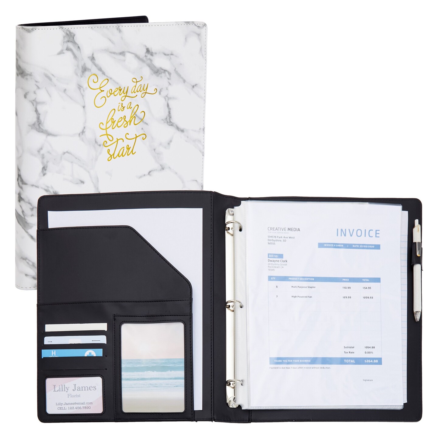Marble and Gold Foil 3 Ring Binder with Pockets, Portfolio Organizer with Clipboard (10.5 x 12.5 Inches)