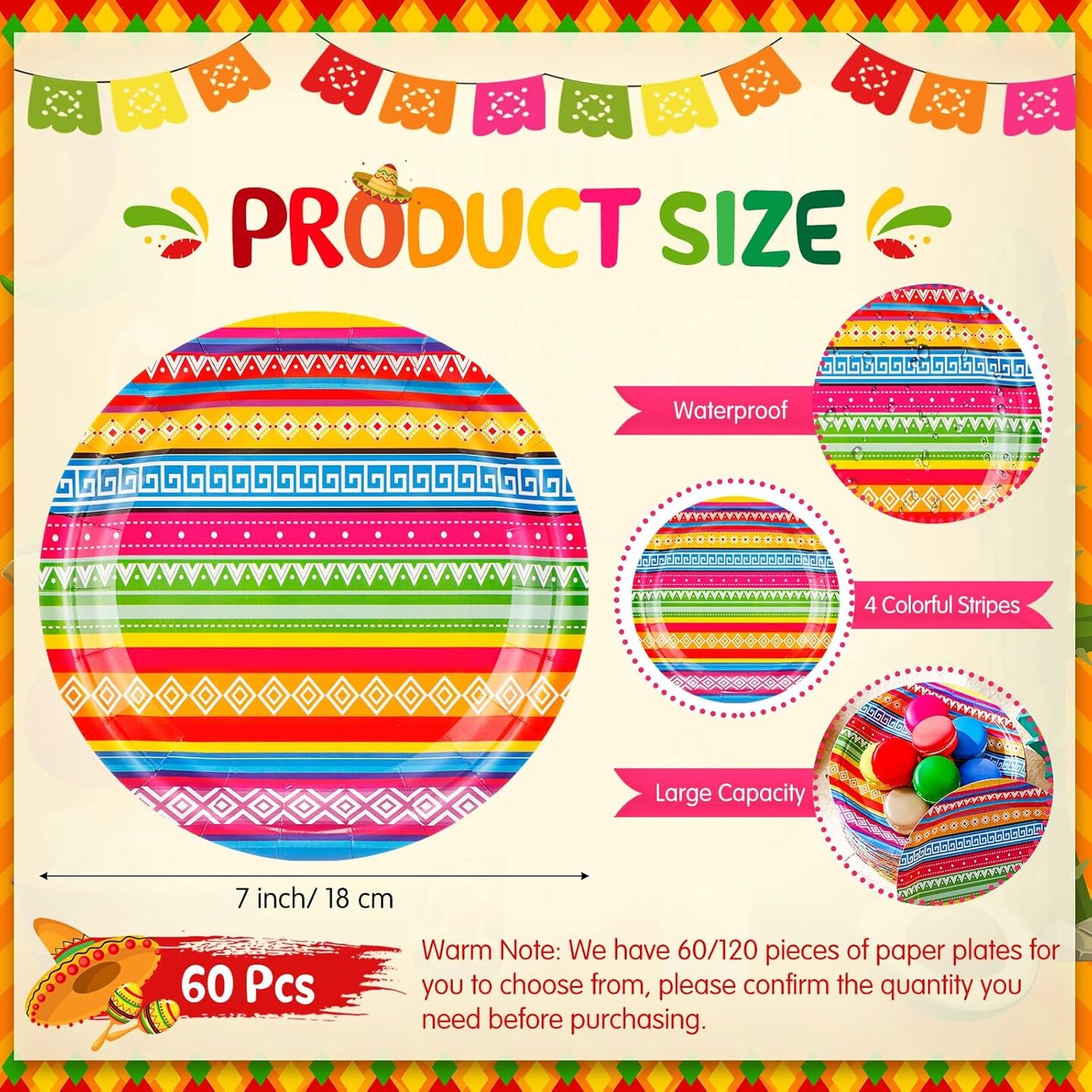 60 Pcs 60 Pcs Mexican Serape Fiesta Paper Plates 7&#x22; Disposable Fiesta Party Decor Mexico Stripes Dessert Plate Colorful Mexico Platter Supply for Cinco De Mayo Pi&#xF1;ata Dinner Tableware
