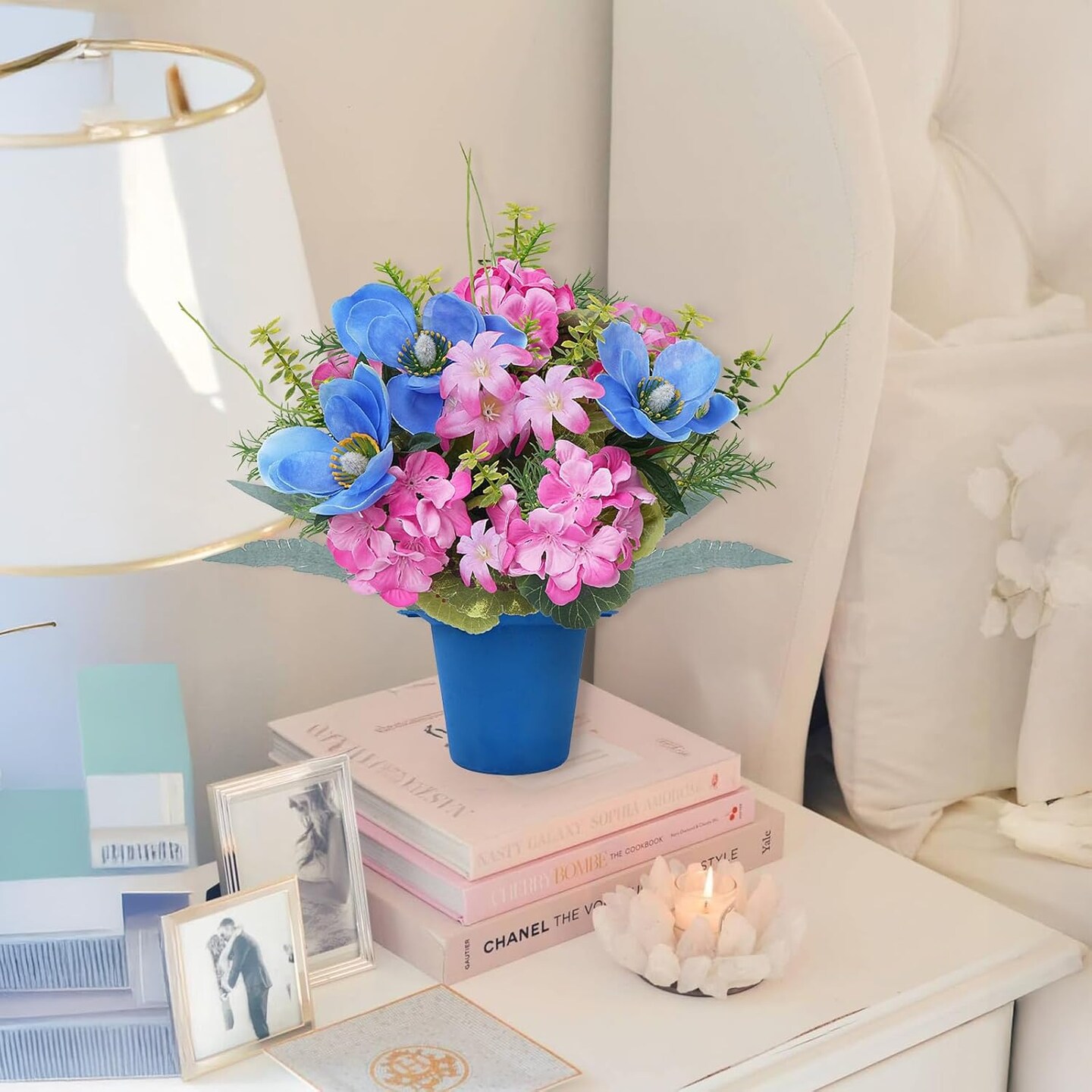 2 Pcs Fake Potted Flowers Spring Centerpieces for Tables 13.78&#x22; Easter Centerpiece Silk Flower with Iron Pots Small Plants Orchid Hydrangea for Indoor Table Top Dining Table Office Decor Pink Blue