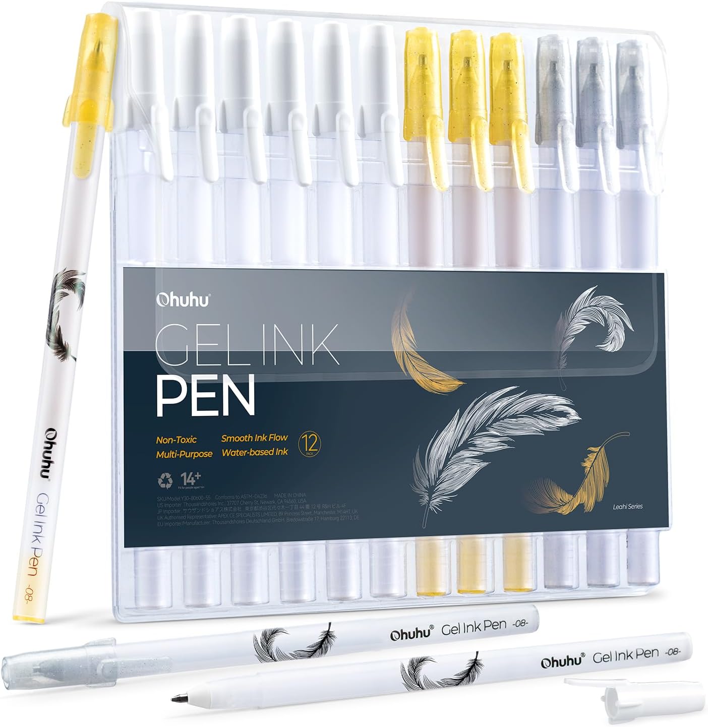 Ohuhu Gold Silver White Gel Pens: 12 Pack Extra Fine Point Pens Opaque Gel Ink Pens Smooth White Ink Pens for Highlight Black Paper Art Drawing Sketching Scrapbook Illustration Bullet Journal - Leahi