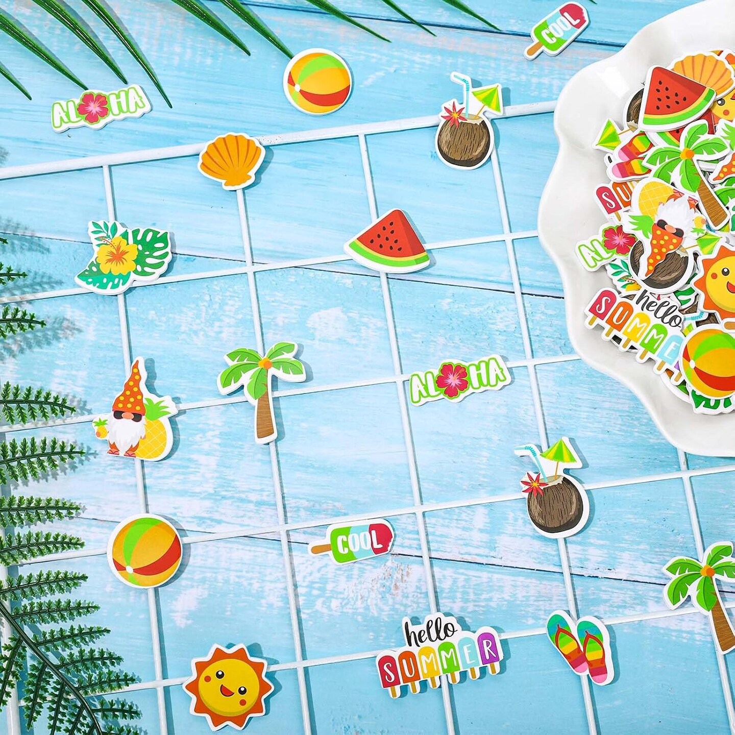 300Pcs Summer Foam Stickers Hello Summer Gnome Tropical Beach Watermelon Hawaii Decals Mixed Bulk Cartoon Self-Adhesive Decorative for DIY Art Craft Scrapbook Journal Party Supplies