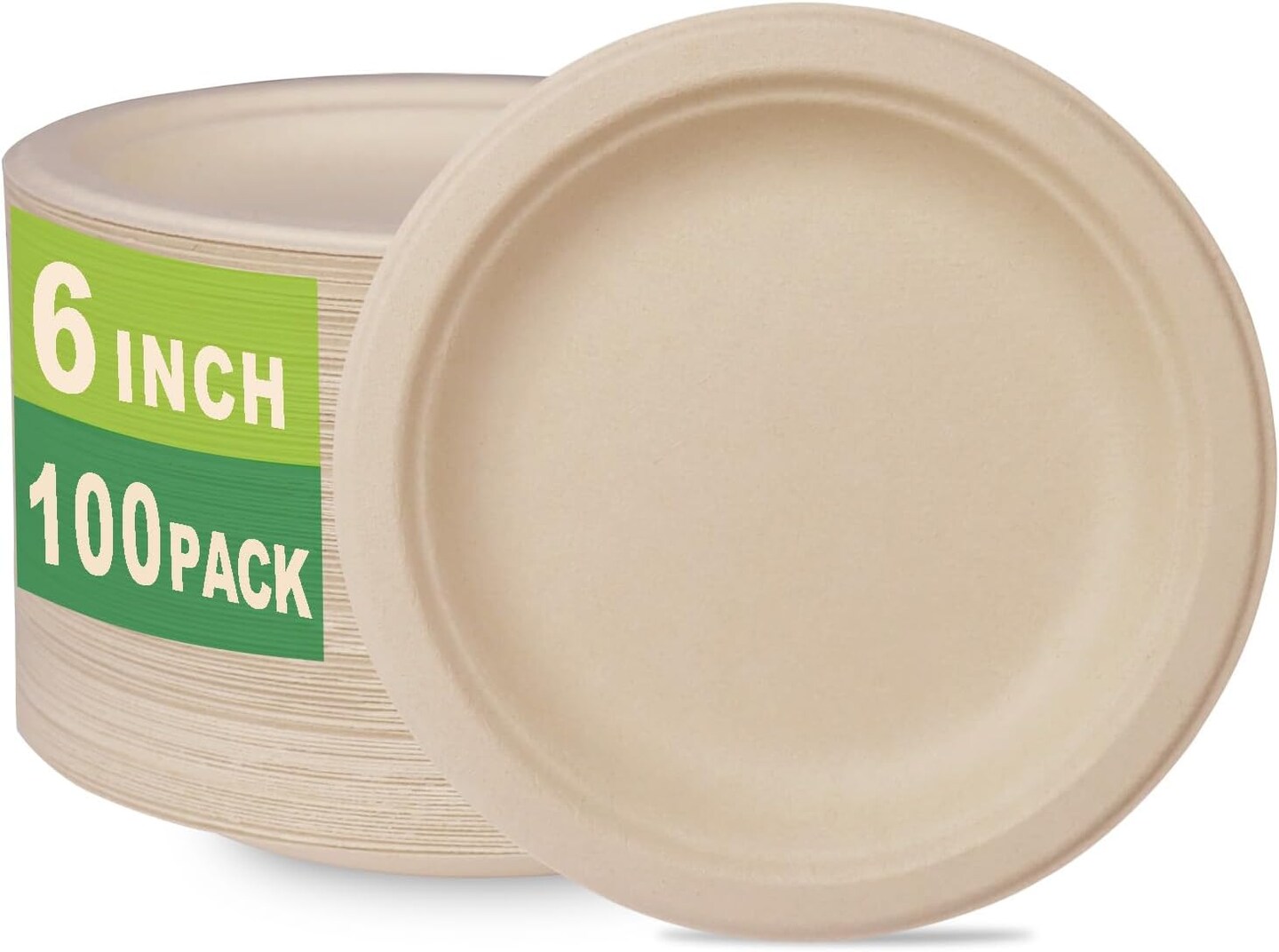 100 Count 6&#x201C; Small Compostable Dessert Plates, Heavy-duty Unbleached Biodegradable Bagasse and Bamboo fiber Paper Plates