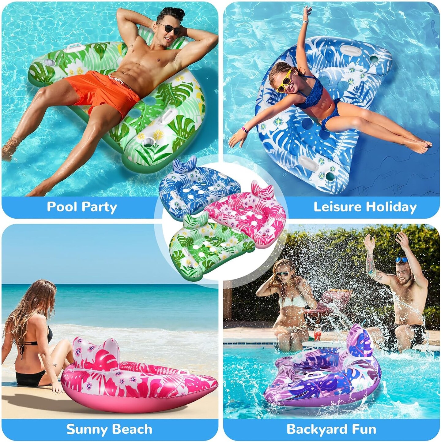 Pool Floats, 3 Pack Inflatable Pool Floats Adult &#x26; Kids, Pool Float with Cupholders &#x26; Duty Handles, Upgraded XL Pool Chairs, Premium Summer Pool Toys for Lakes, Rivers, Beach Vacation, Water Party